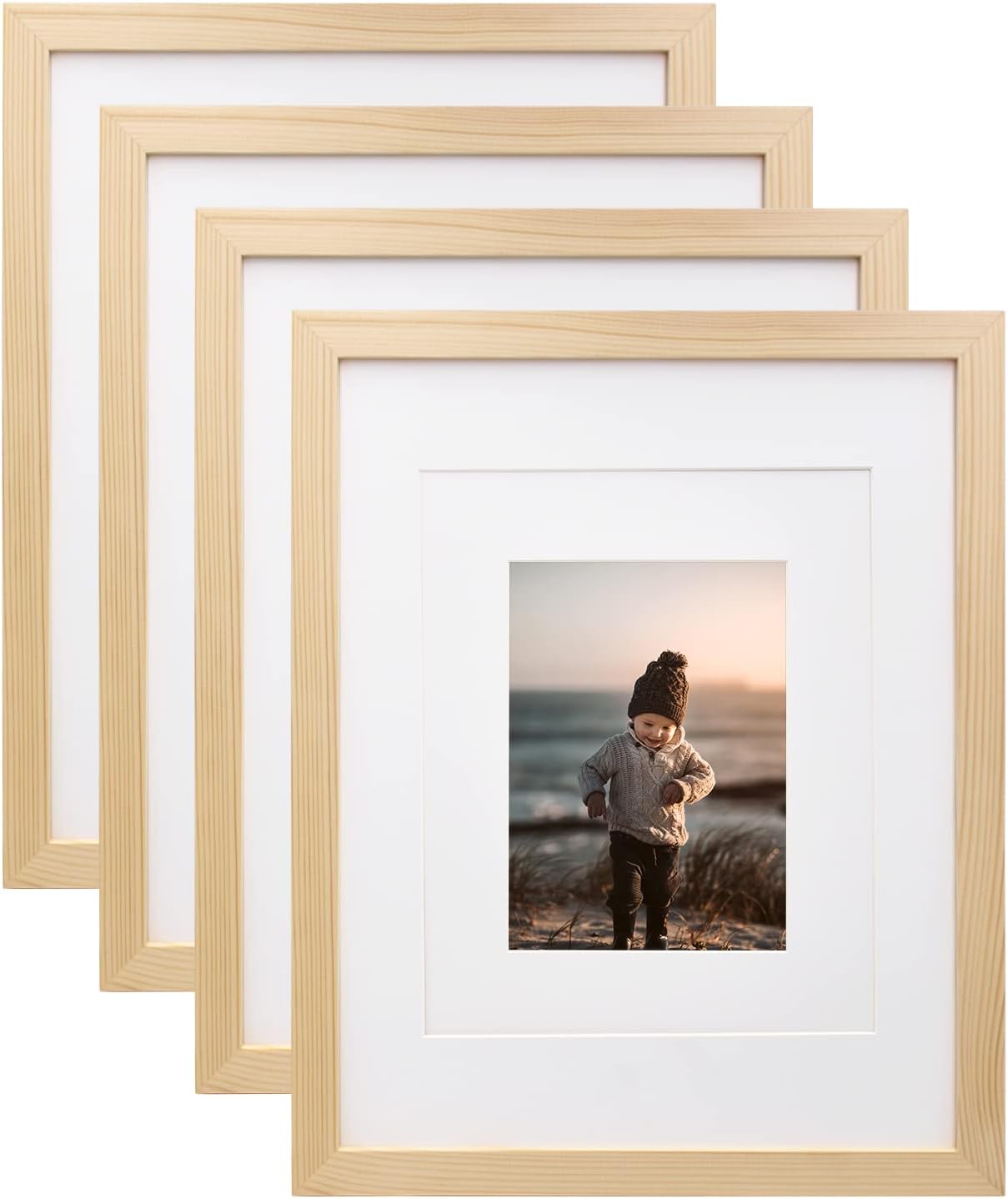 KINLINKWooden 11x14 Picture Frames Natural Wood Frames with Acrylic Plexiglass for Pictures 5x7/8x10 with Mat or 11x14 without Mat, Tabletop and Wall Mounting Display, Set of 4