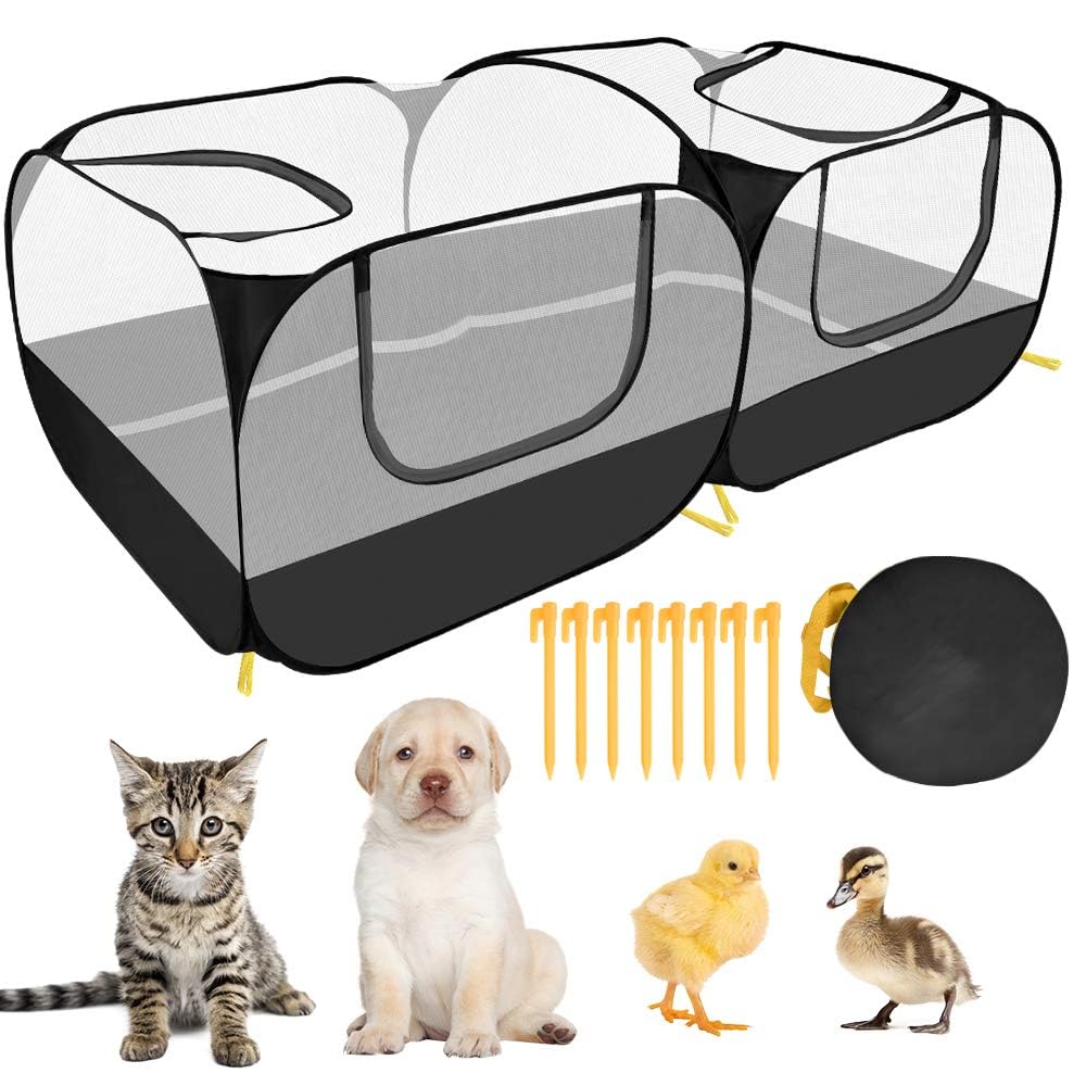LukoveeSmall Animals Playpen, Chicken Pen with Escape-Proof Detachable Bottom & 4 Zipper Doors, Breathable Foldable Portable Large Chicken Run Coop for Puppy Duck Kitten Rabbits Outdoor Yard (Black)