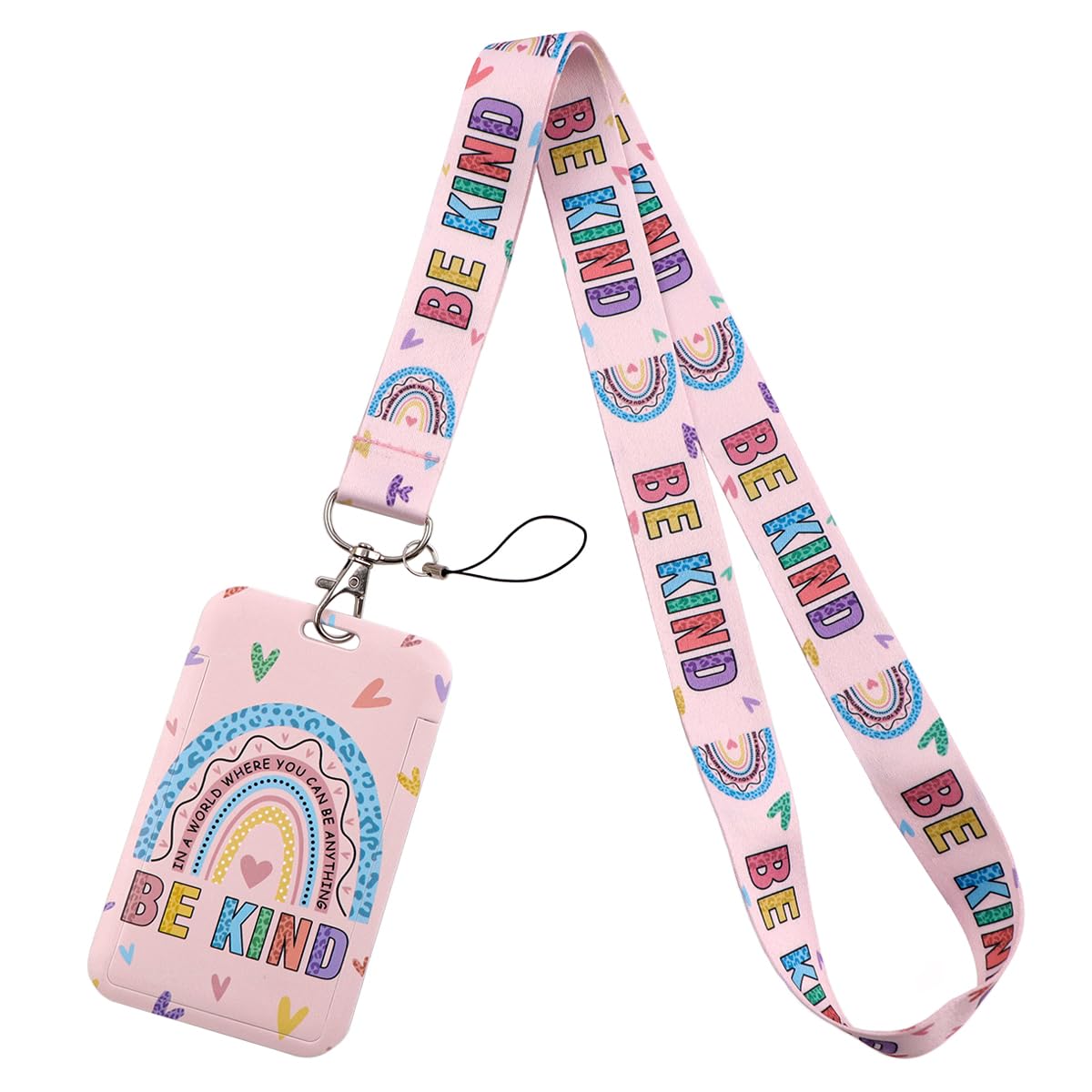 Cute Pink Card Holder Teachers Lanyard Rainbow Love Heart Keychain Lanyard for Women Girls Kids Nurses for Keys & ID Badge Work & Preppy School ID Holder(Be Kind) — image 1