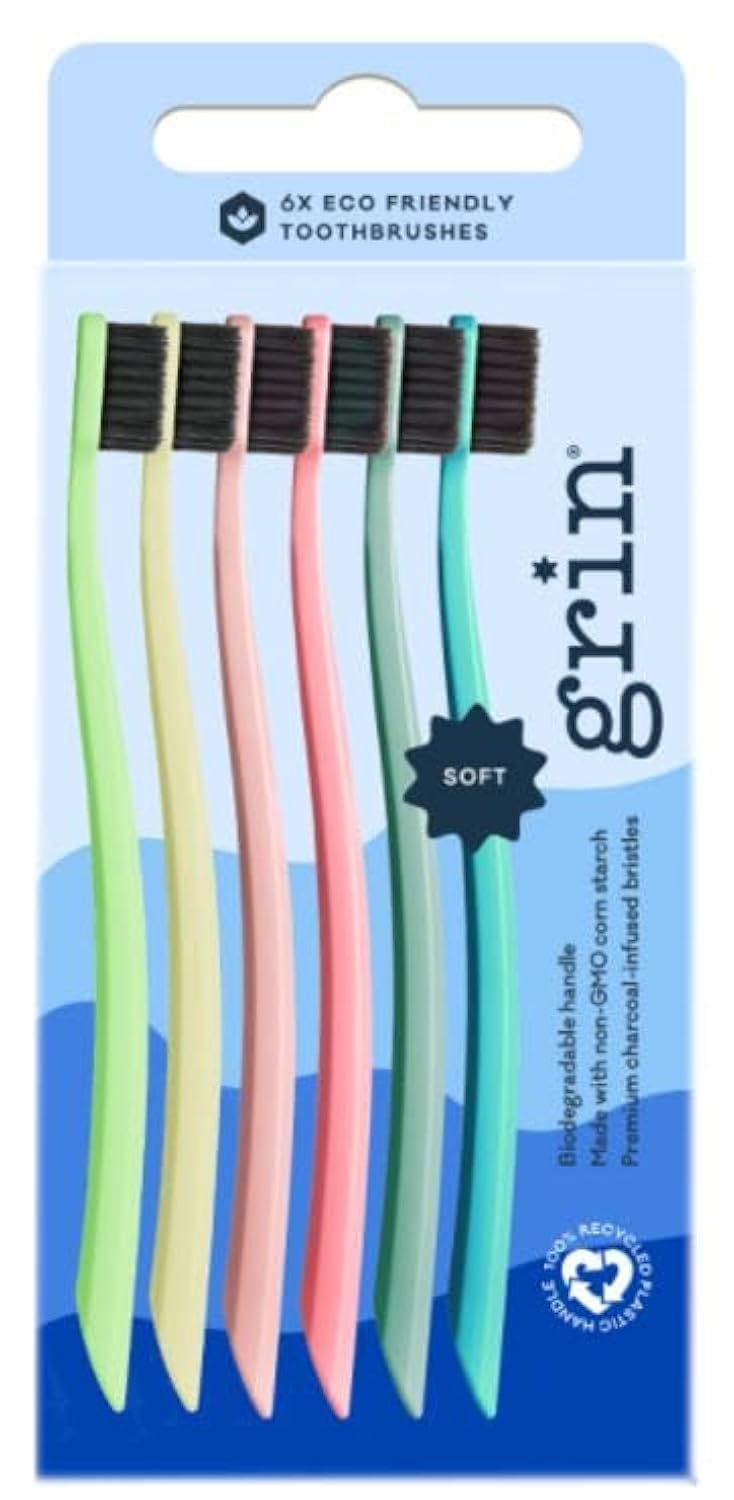 Grin | Gentle Charcoal Infused Toothbrush | Ultra Soft Natural Bristle Toothbrush | Best for Sensitive Gums | Extra Soft Bristle for Adults and Kids Teeths | Made from Recycled Material, (Pack of 6)