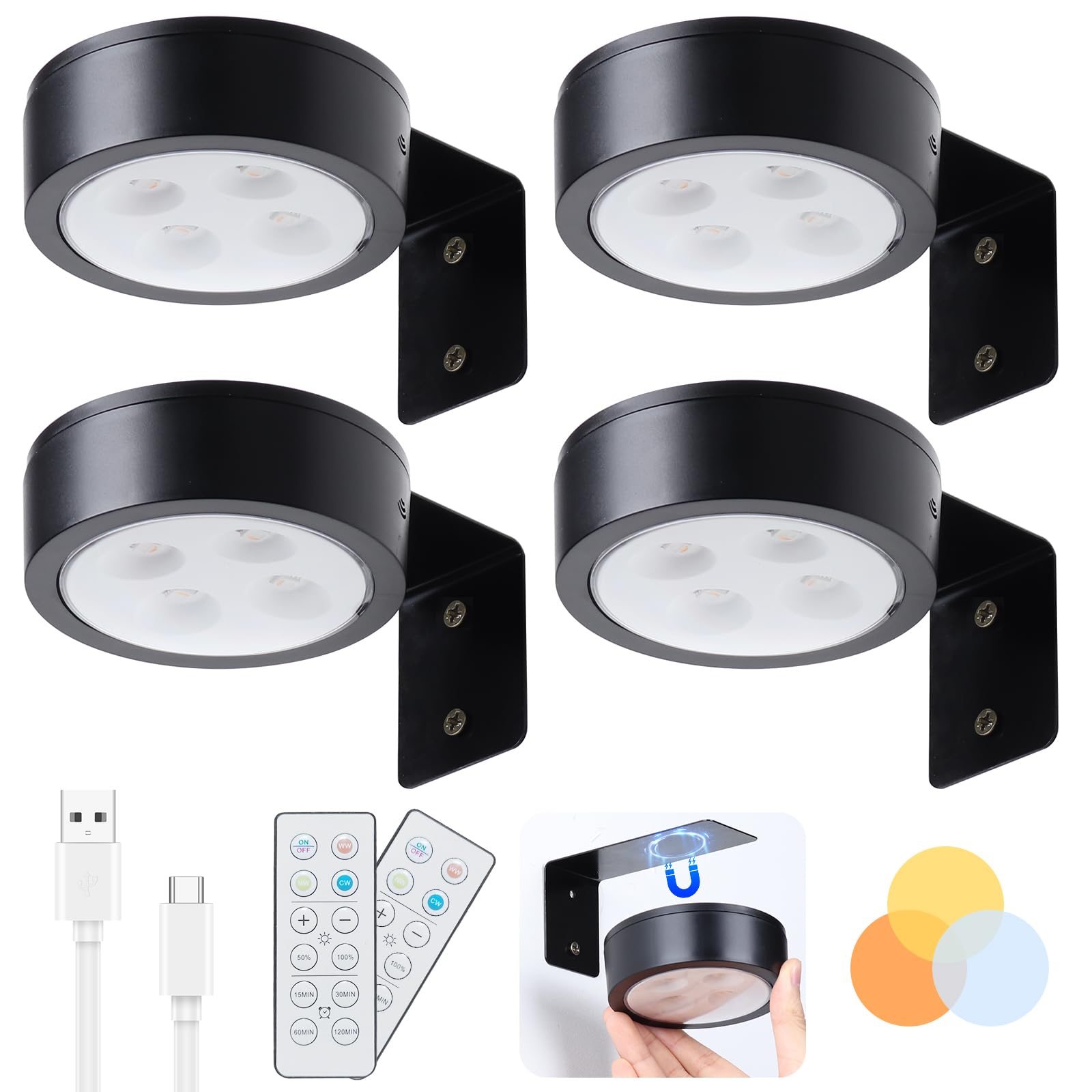 4 Pack Wireless Picture Lights for Wall, Magnetic Black Rechargeable Picture Light Battery Operated with Remote 3 Lighting Modes Painting Light for Art Display, Battery Wall Lights for Photo Gallery