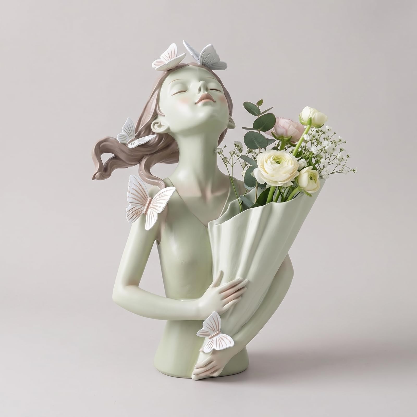 Dekorative Harzvase Mädchen Büste Blumenvase Schmetterling Figurine Handbemalt Kreative Wohndeko für Wohnzimmer Bücherregal Schreibtisch Geschenk, Grün