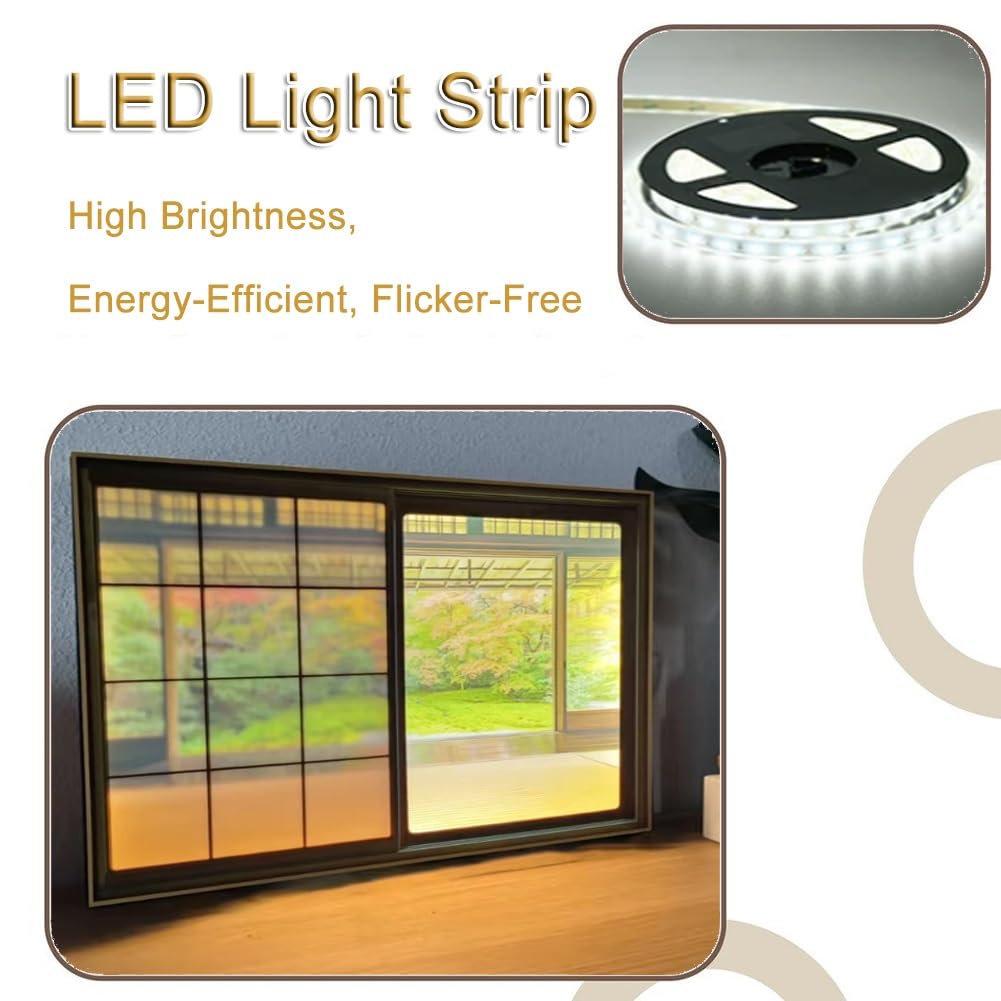 LED-hinterleuchtetes Wandbild In Fensteroptik, Gerahmter Leinwanddruck Mit Japanischer Landschaftsszenerie, Beleuchtete Wanddekoration Mit Naturmotiv Für Wohnzimmer(Multi-colored-L,90x60cm)
