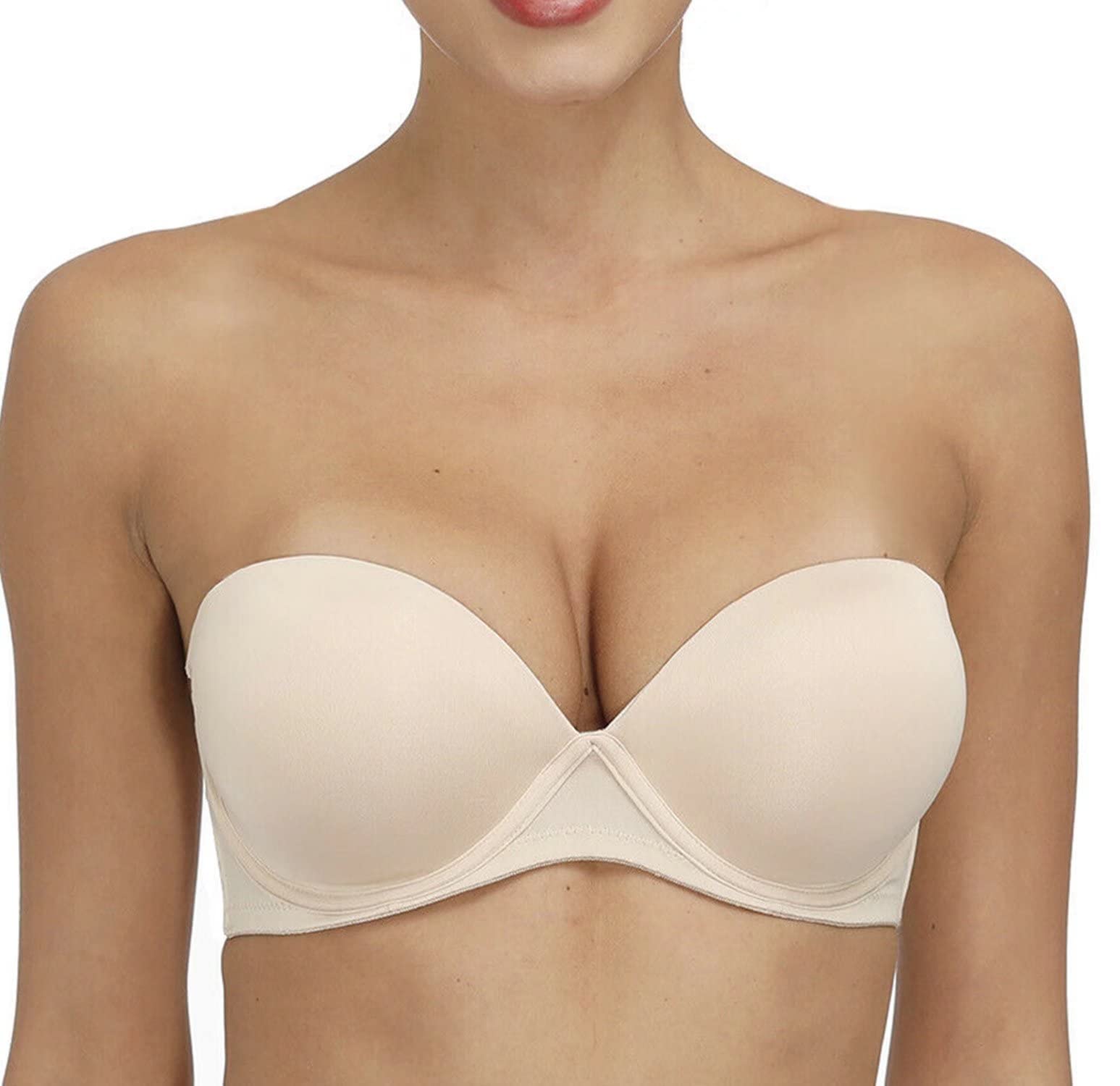 Photo 1 of Women's Strapless Clear Strap Push Up Thick Padded Low Cut Convertible Bras with Transparent Back 36A BLACK