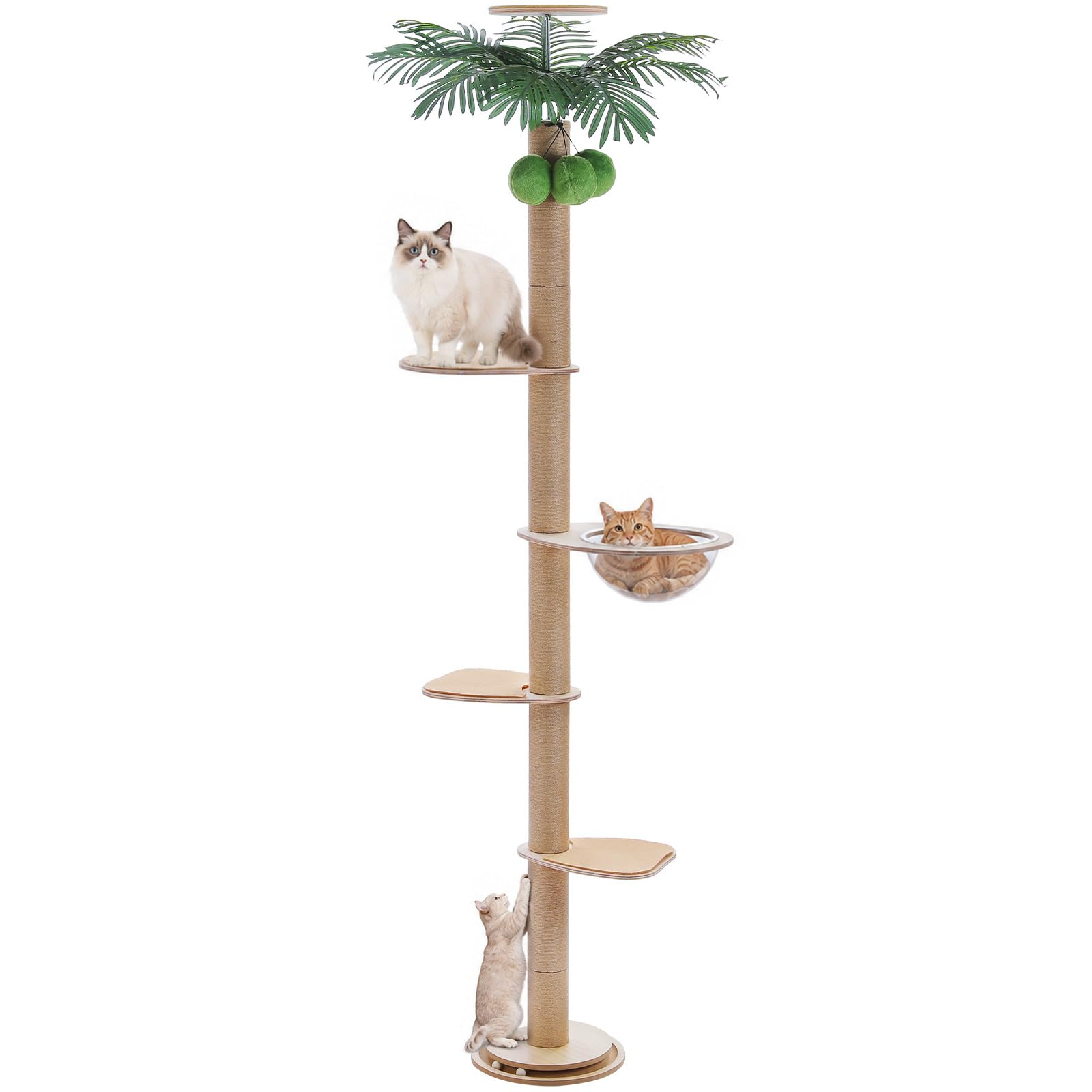 PAWZ Road キャットタワー 突っ張り 木製 ヤシの木 スリム 大型猫用 極太10.5cm 猫タワー 木登りタワー キャットツリー 宇宙船 クリアボウル 回転ボールおもちゃ 省スペース 全面麻紐 爪研ぎポール おしゃれ 多頭飼い 夏 木目調 インテリア 観葉植物 安定 運動不足解消 - ベージュ 高さ調整幅205～265cm
