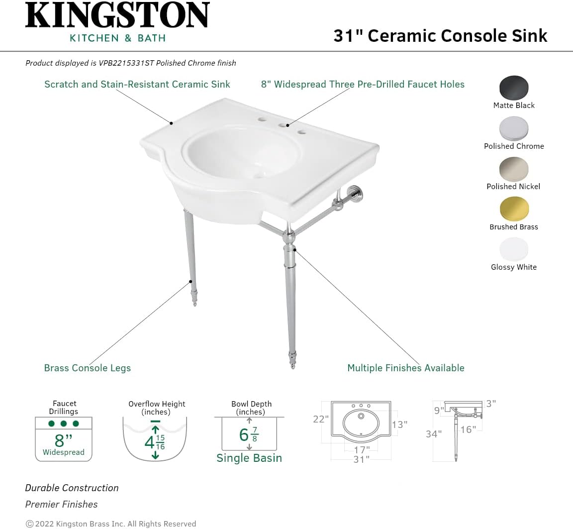 Fauceture VPB2215336ST Edwardian 31-Inch Console Sink with Brass Legs, White/Polished Nickel