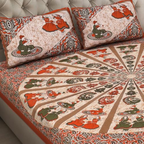 Image of JAIPUR PRINTS 100% Cotton Bedsheet for Double Size Bed bedsheets Rajasthani Jaipuri Printed Double Size Bedsheet with 2 Pillow Cover / 90x100 inch / 235x215 cm / (Brown)