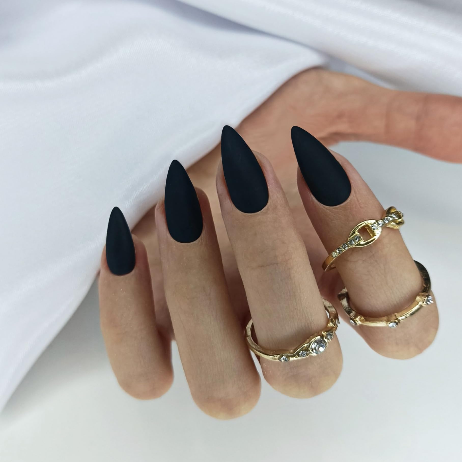 Matte Black Press on Nails Almond Shaped 48Pcs Neutral Fake Nails for Women, Medium Almond Nails Press on Reusable Acrylic Nails Glue on Medium Length