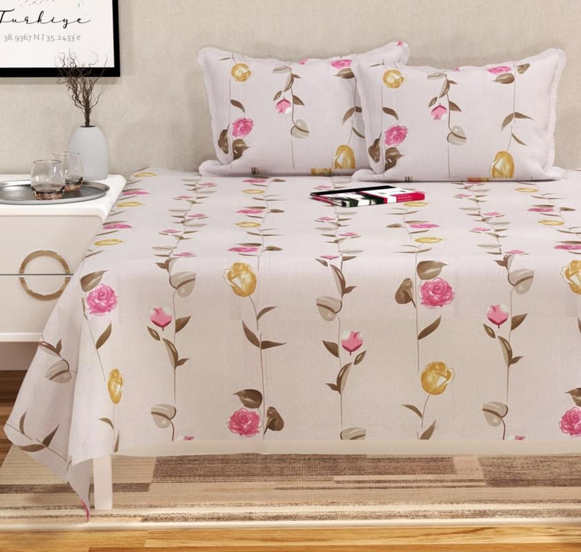 BSB HOME 100% Cotton Feel Bedsheets 200 to 220 tc for Double Bed King Size (90×100 Inch) with 2 Large Size Pillow Covers | Soft & Breathable | Wrinkle-Free | Premium Printed Design – Peach and Pink