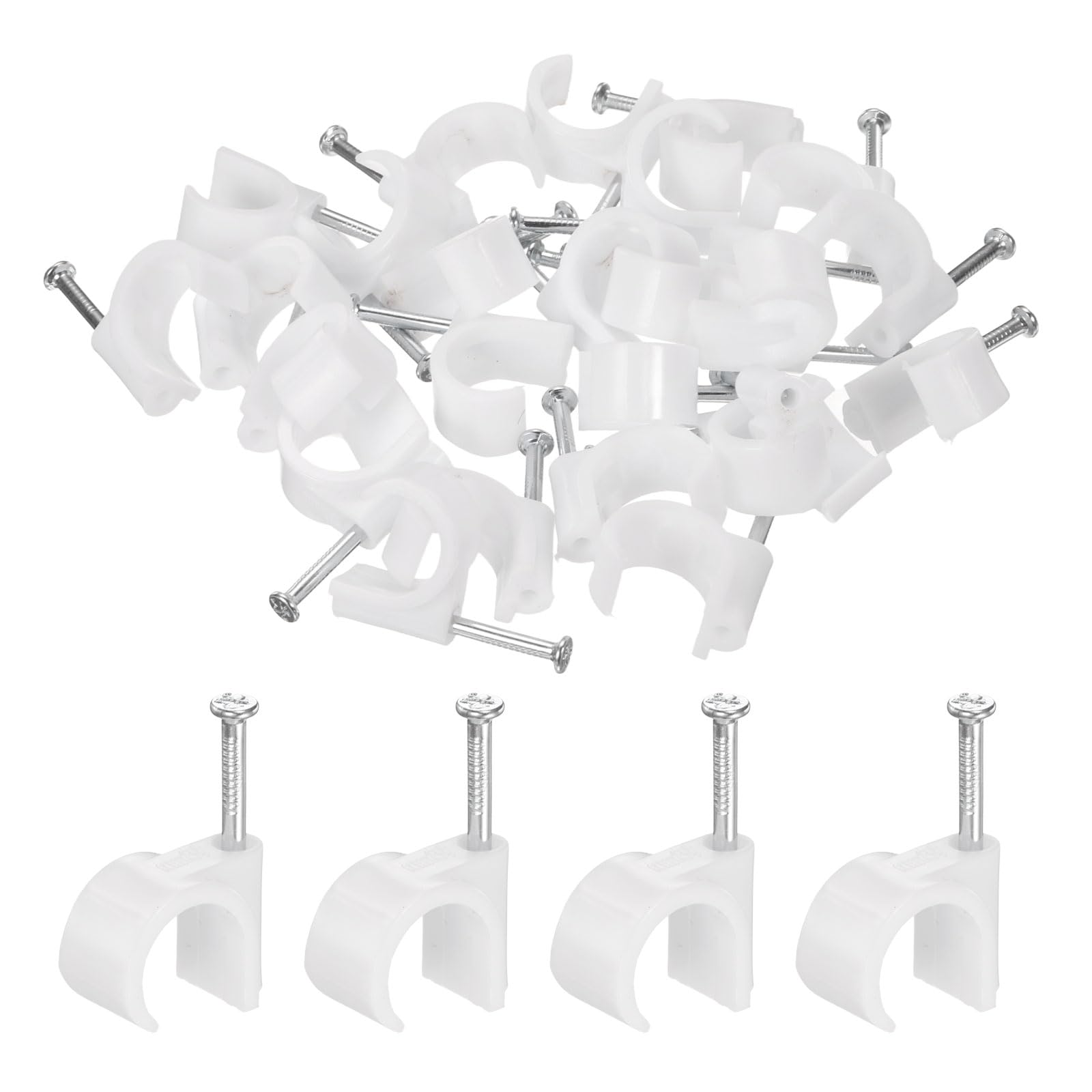 QUARKZMAN 50 Piezas De Grapas Para Cables Con Clavo De 16mm Gancho Circular Individual Media Abrazadera Gancho En J Con Clavo Grapas Para Cables Para Pared Blanco