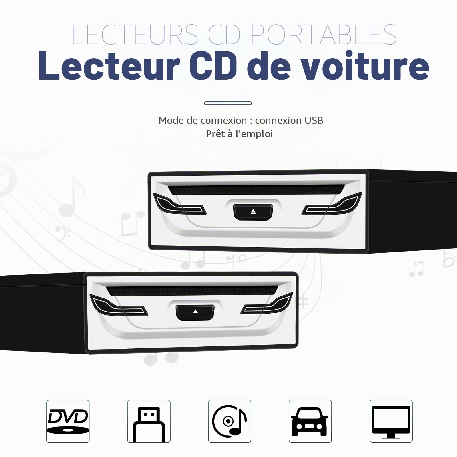 Rimoody Lecteur CD/DVD pour Auto - Plug & Play Haute Performance avec Anti-Choc, USB 2.0, Support WAV/VOB, Compact pour Voiture, Camping-Car