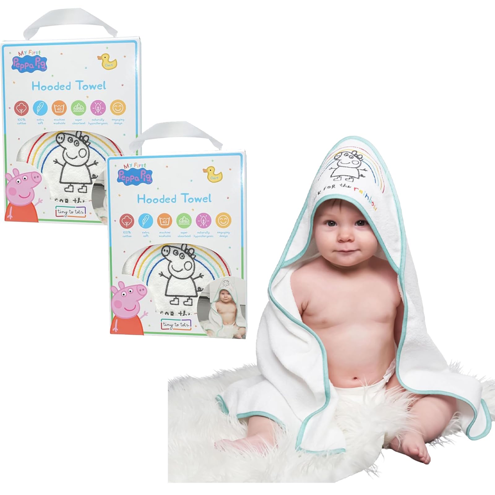 SRV Hub 2Pcs Peppa Pig Poncho Baby Bath Towel with Hood Ultra Soft Cotton Hooded Towel, Safe Soft Apron for Babies Bathtime 6+M, Travel, Summer Beach, Highly Absorbent Bathroom Towel 75 x 75 cm