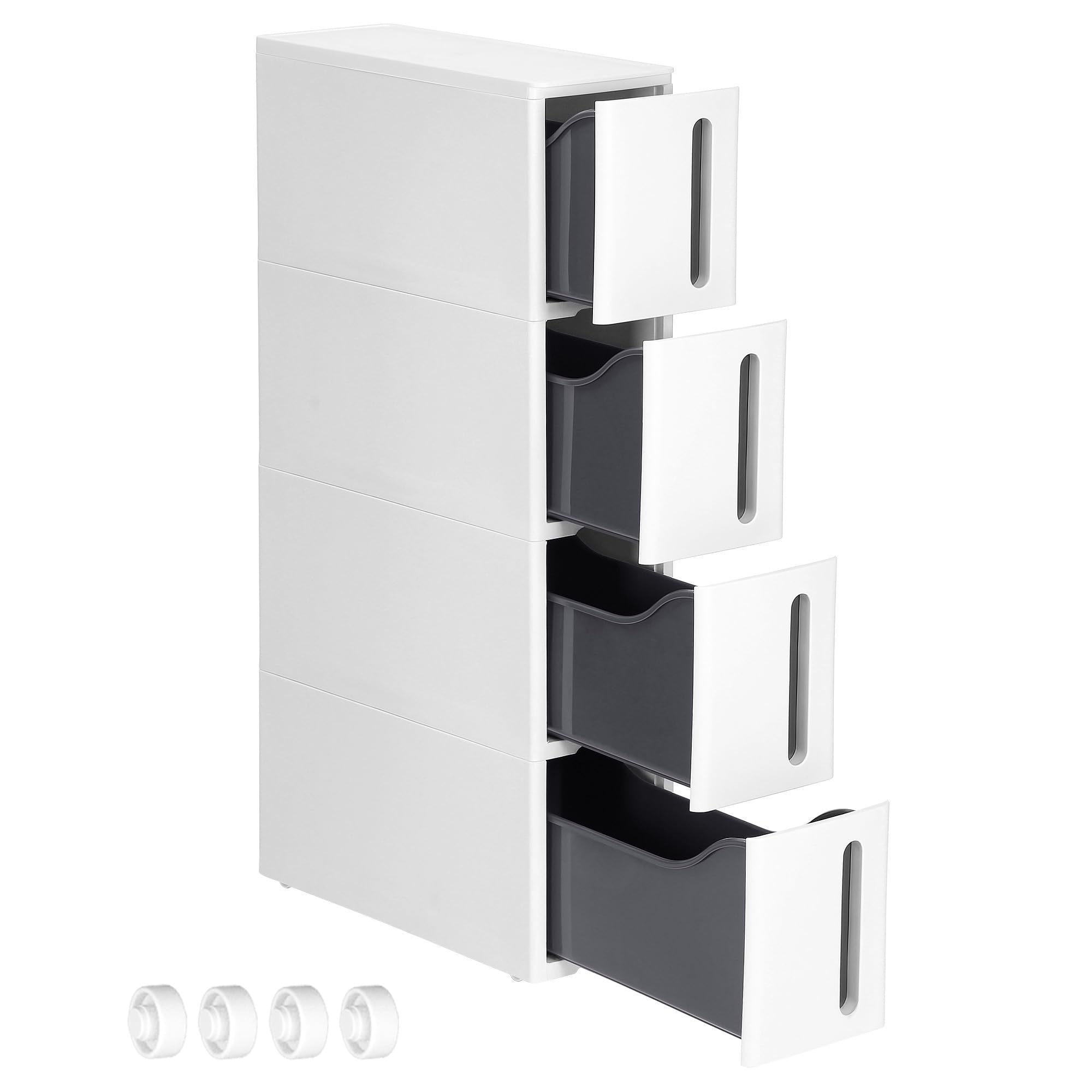 SONGMICS Nischenregal mit Rollen, Rollwagen mit 4 Schubladen, 17,3 cm breit, Badregal schmal, Rollregal, Küchenregal, PP-Kunststoff, platzsparend, 45,2 x 17,3 x 84 cm, weiß-grau KFR008G01