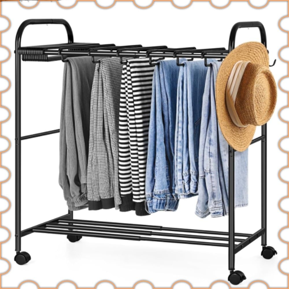 Perchero extraíble para Pantalones, Perchero rodante expandible con 24 Perchas, Carrito Ajustable para Pantalones Vaqueros, Bufandas y Toallas - Negro, 52-81 cm, 30 Ganchos para un fácil ALM