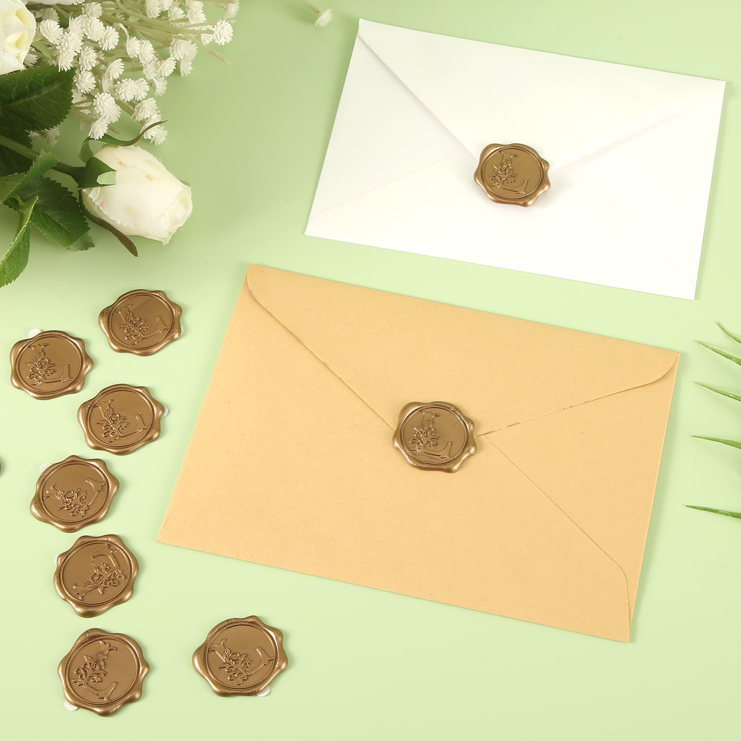 50 sztuk Naklejek z Pieczecia Woskowa, Samoprzylepne Naklejki Woskowe Zloty Alfabet Naklejki Woskowe Zaproszenie Naklejki z Pieczecia Koperty na Wesele Christmas Party (L)