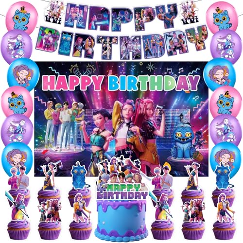 Korean Idol Movie Theme Birthday Party Supplies 39Pcs Cartoon Movie Character Birthday Party Set Include Happy Birthday Banner Backdrop Balloons Cake Cupcake Toppers for Boys Girls Party Supplies