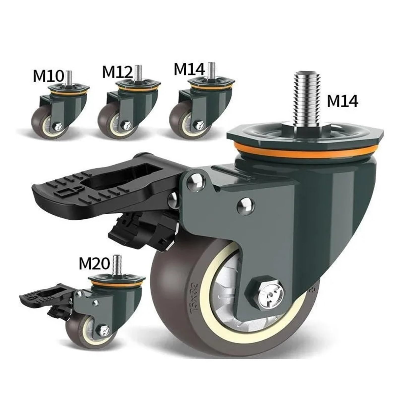 Rueda Universal de 1 UDS-3 Pulgadas con polea giratoria Eje Goma Freno-máquina silenciosa Carga única 110KG Tornillo M10/M12/M14/M16/M20