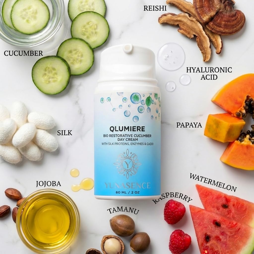 YUNASENCE QLUMIERE Bio-Restorative Soothing Cucumber Cream w/Amino Acids, Hyaluronic Acid, Enzymes, Caviar. Hydrating, Protecting.