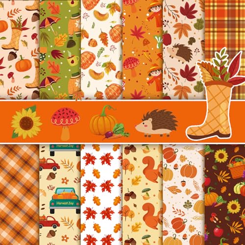 Konsait 24 Sheets Fall Scrapbook Paper 12x12 Double Sided Autumn Pattern Paper Cardstock Fall colored Craft Papers Pumpkin Thanksgiving Origami Papers for Harvest Card Making Scrapbook Supplies