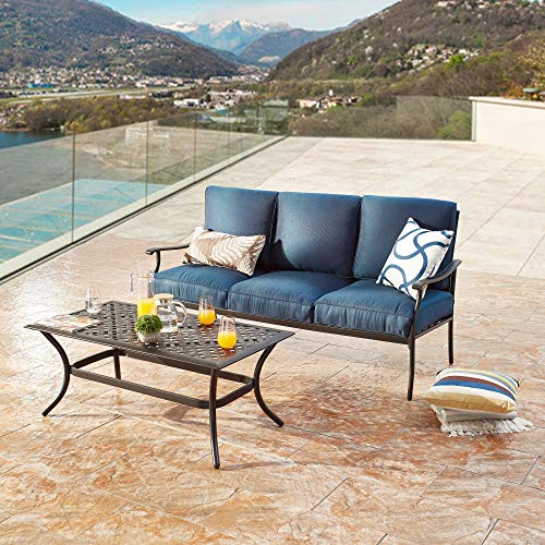 LOKATSE HOME3 Seat Metal Patio Loveseat Bench Outdoor Furniture Bistro Set  with Coffee Table for Lawn Front Porch Garden Yard or Poolside, Blue