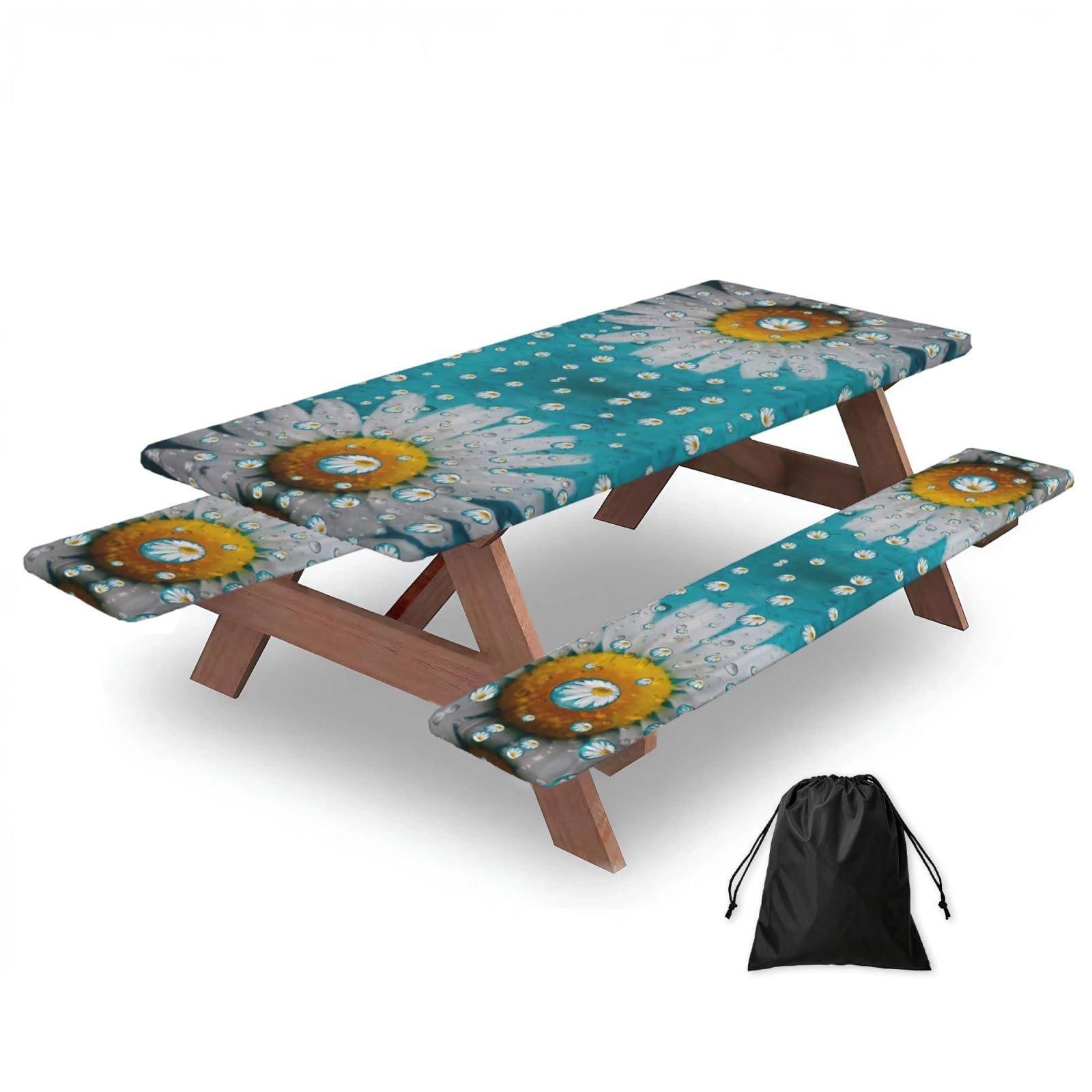 Zyjhyy Black Daisy Flowers Print 3 Pack Wipeable Picnic Bench Cover And Table Cover Lightweight Table Cloth For Camping Outdoor