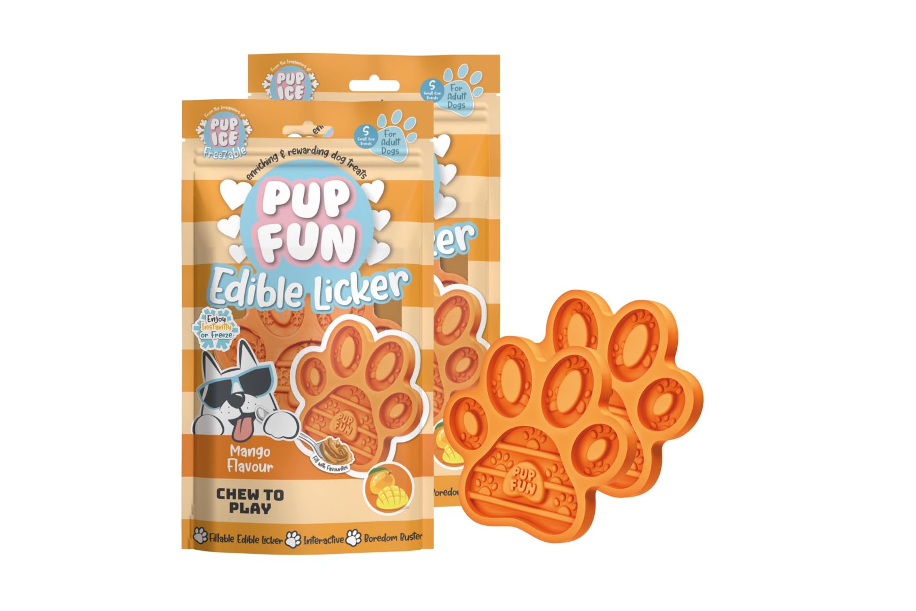 Pup Fun Edible Licker Bone 2pk X Pack Of 2- Mango Flavour - Can Be Enjoyed Immediately, Or Frozen To Last Longer - Added Calcium For Bones And Teeth. Added Prebiotics To Help Support Digestions