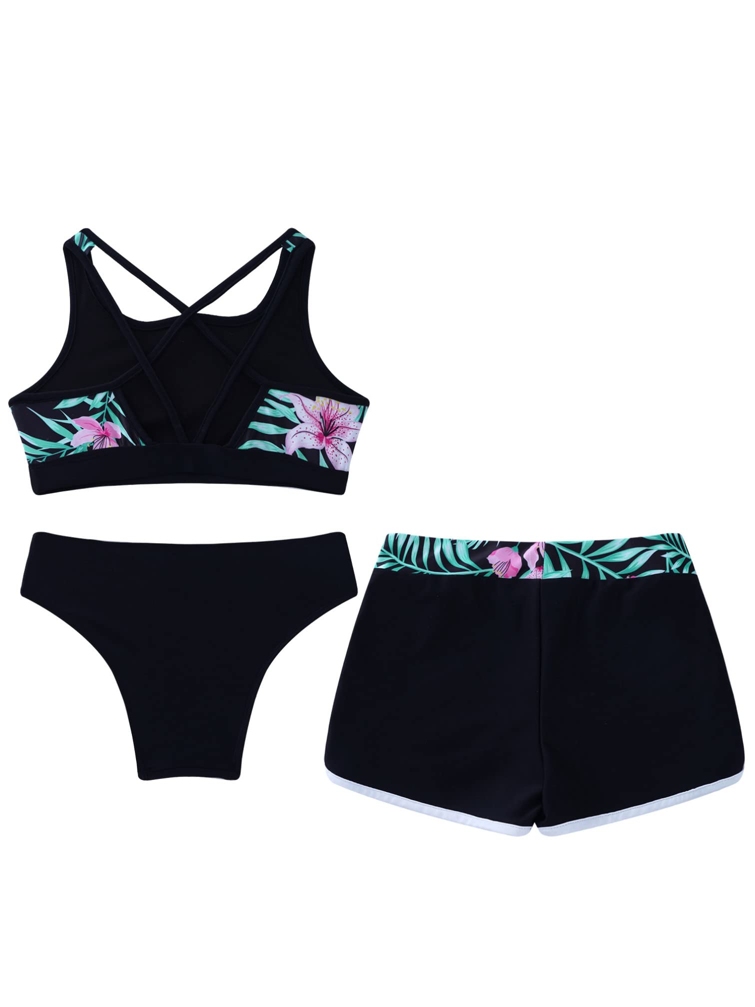 YiZYiF 3 Pièces Maillot de Bain Enfant Fille Imprimé Tankini Top Haut de Bain Bas de Bikini Short de Bain Ensemble Natation Plage Vêtement Eté 6-16 Ans