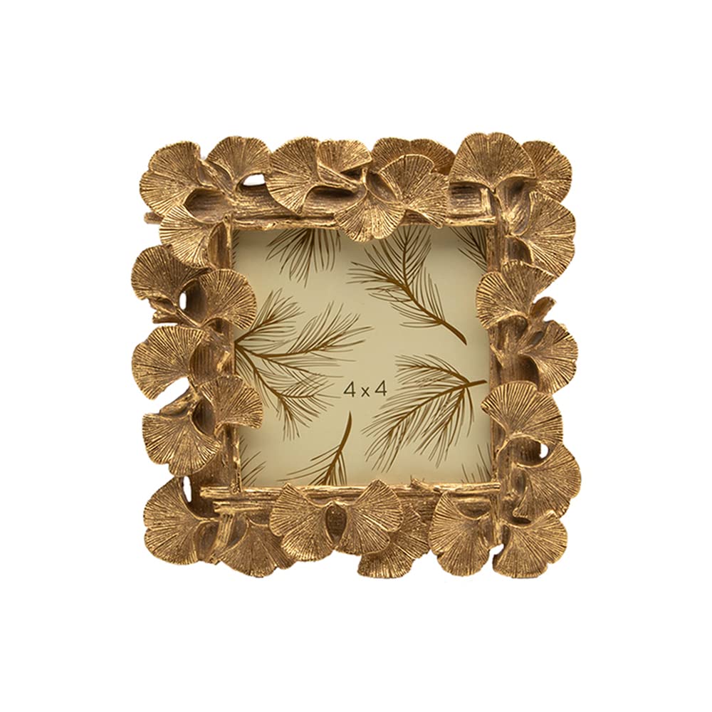 Vintage 4x4 Square Picture Frame, Small Antique Ornate Gold Ginkgo Leaf Photo Frame, Table Top Display and Wall Hanging Home Decor, Old Fashioned Gorgeous Photo Gallery Art