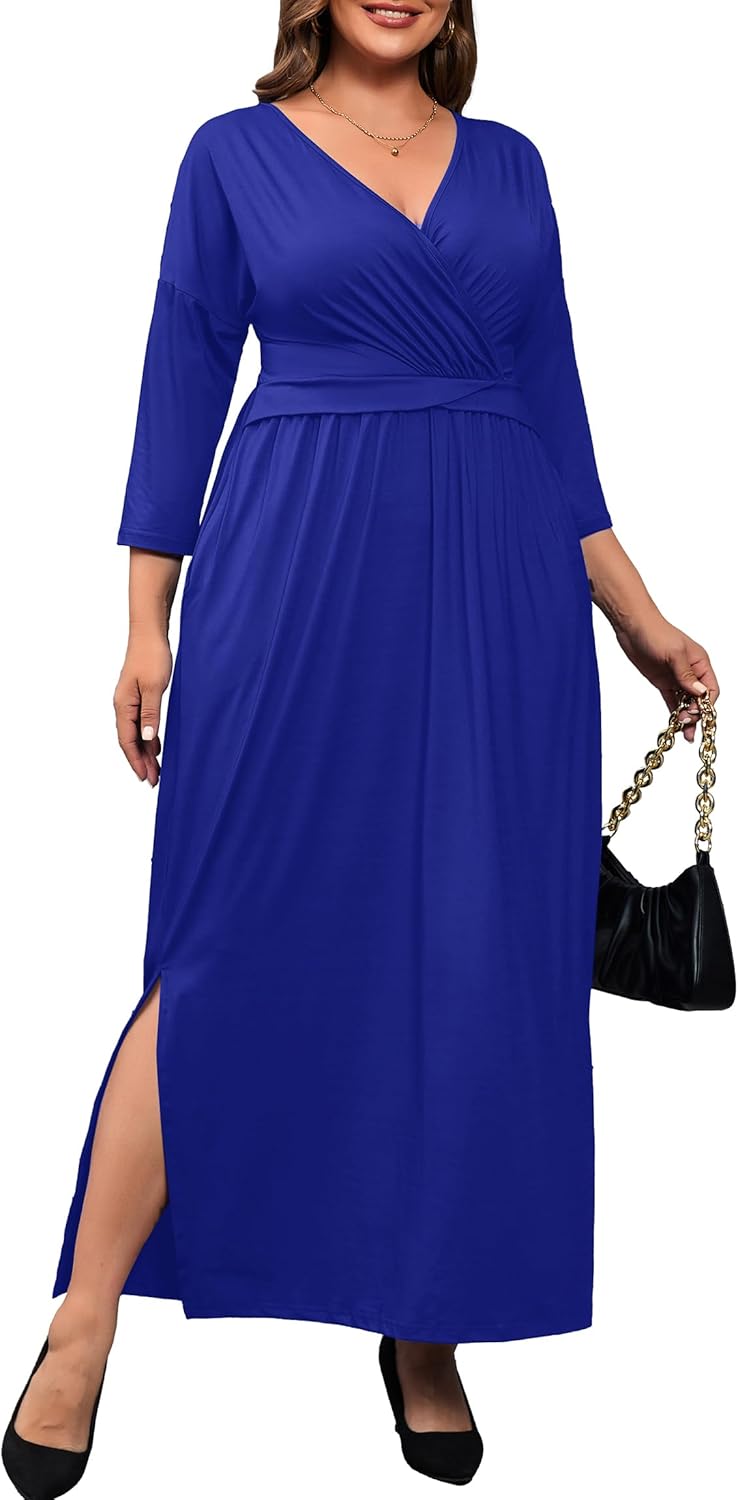 FANDEE Plus Size Women’s Dresses Casual Maxi Dress V Neck 3/4 Sleeve Waist Wrap with Pocket Wedding - Image 2