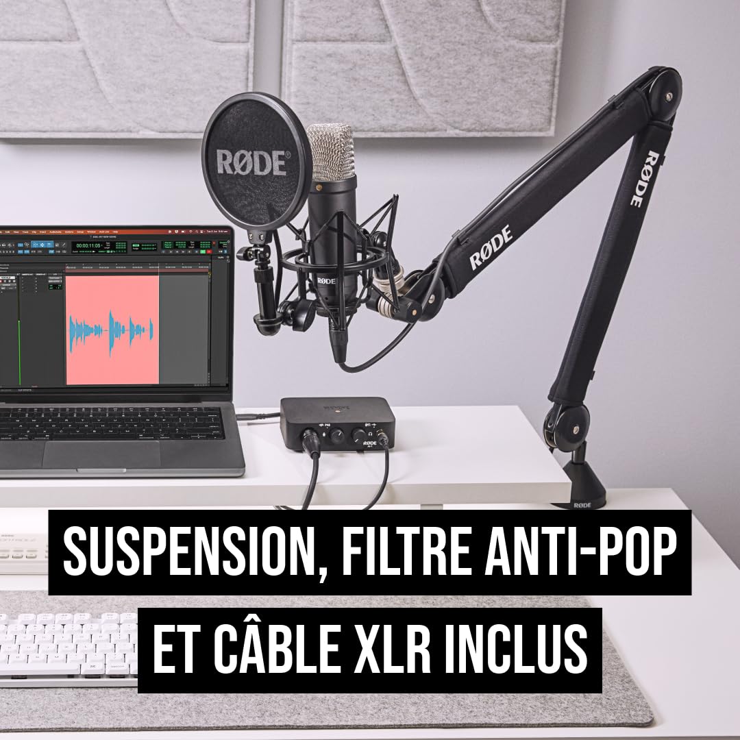 RØDE NT1 Signature Microphone à Condensateur Large Diaphragme avec Suspension, Filtre Anti-Pop et Câble XLR, pour Studio, Voix, Streaming et Podcast (Noir)