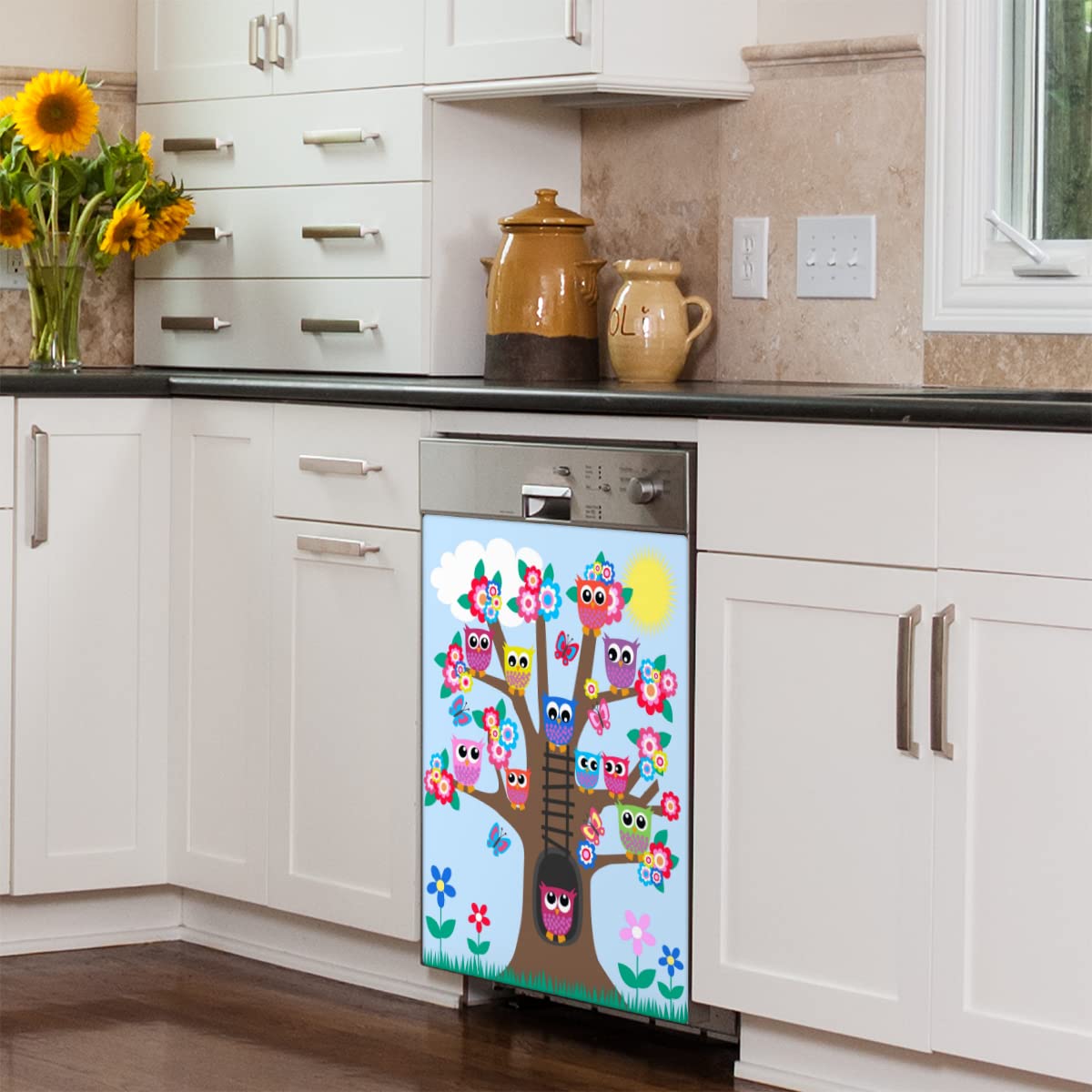 Copertura magnetica per lavastoviglie, albero di gufi, decorazione magnetica per frigorifero e cucina, 58,4 x 66 cm