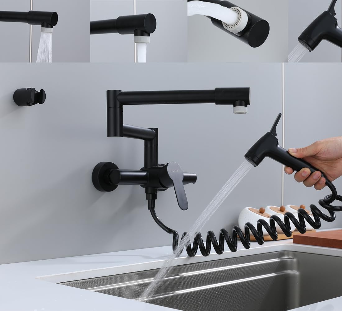 Faltbar Küchenarmatur，Wasserhahn Küche Wandmontage, Spültischarmatur, mit 360° gefaltetem Drehrohr, warm und kalt, multifunktionale Sprühbetriebe, 304 Edelstahl, schwarz