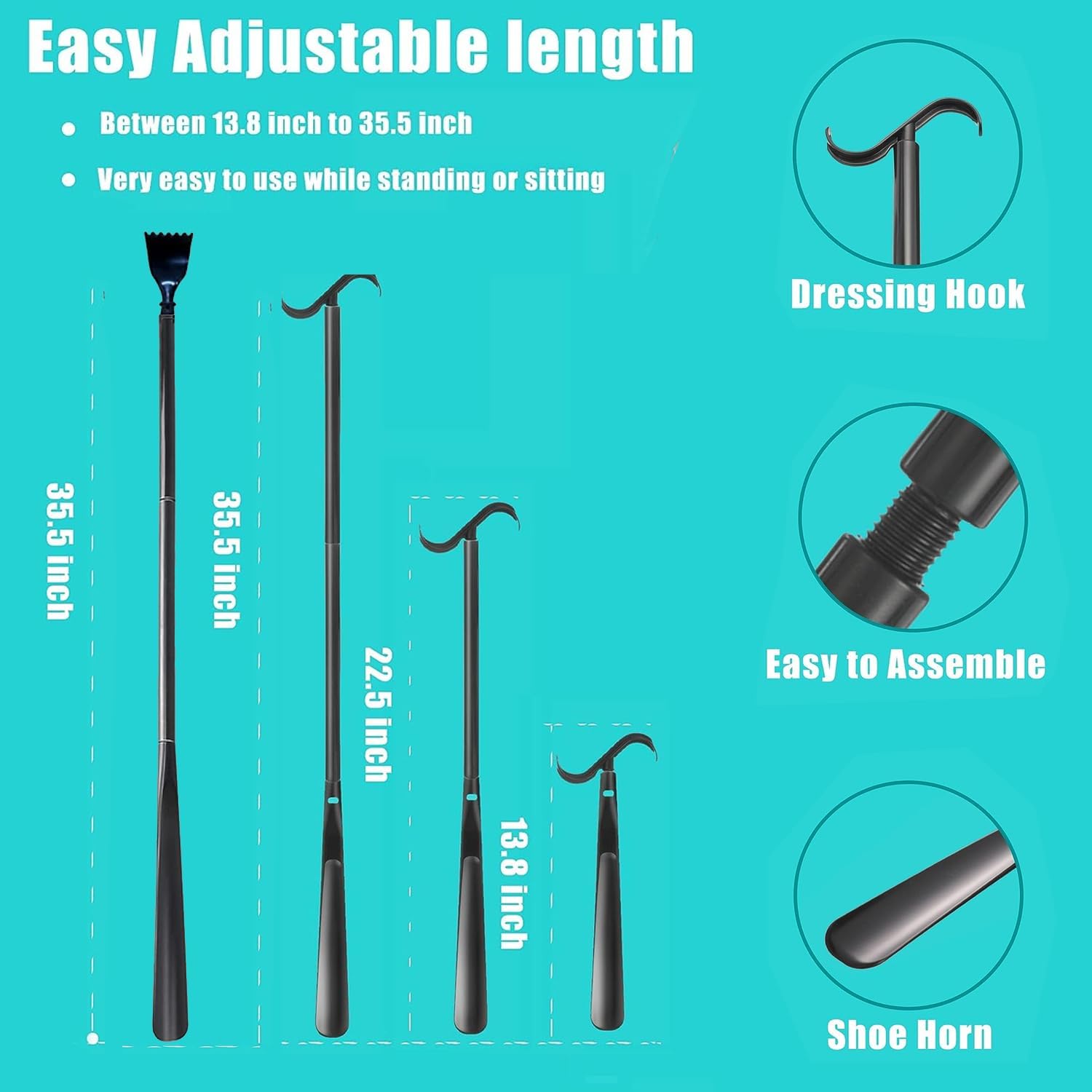 Kit de ayuda para calcetines para personas mayores (ayudante de calcetín y bastón de vestir) – Ayudantes de calcetines para poner en tus calcetines sin doblarse – Cuerno extendido ajustable de 35