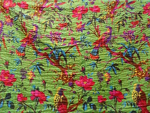 Colcha de algodón con estampado de pájaro Kantha verde hecho a mano indio tradicional de Jaipur 3