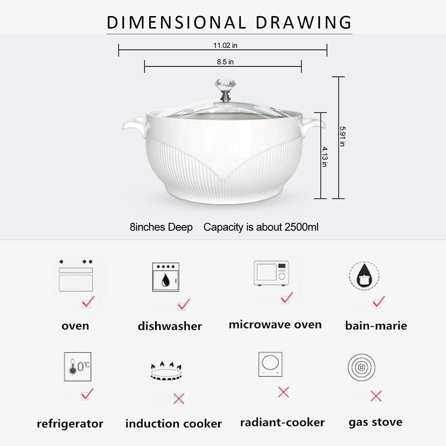 Terrine en céramique pour soupe avec couvercle, capacité de 2,5 L, bols à soupe avec poignée pour soupe ou ragoûts, passe au four, au micro-ondes et au lave-vaisselle, Blanc