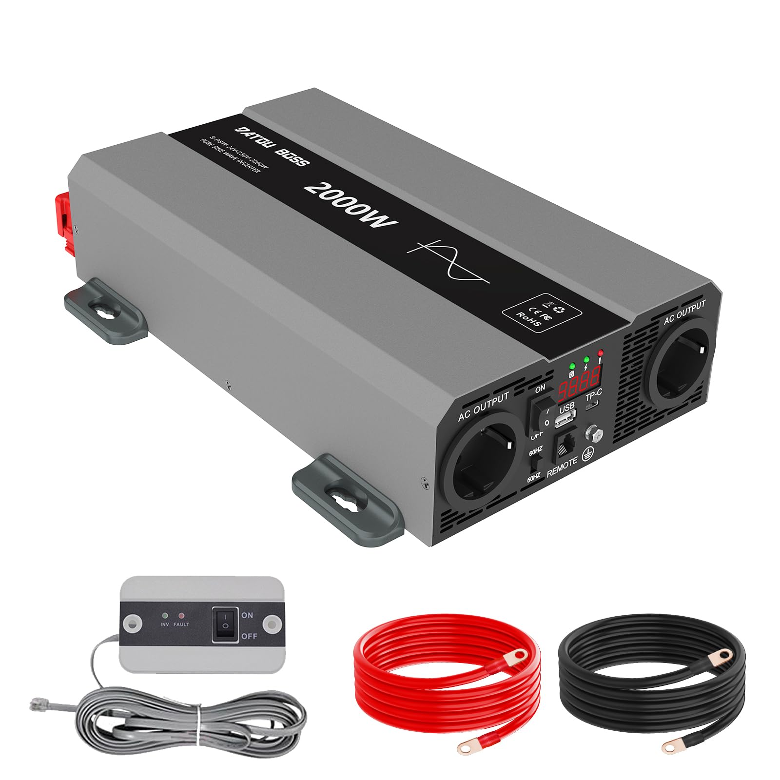 DATOUBOSS Inverter 24V 220V 2000W Onda Pura(Picco 4000W), Trasformatore 24V 220V con 2 EU Prese, Porte USB-A e USB-C,Display LCD,Comando a Distanza,per Camper, Camion, Emergenze e Apparecchi Campeggio