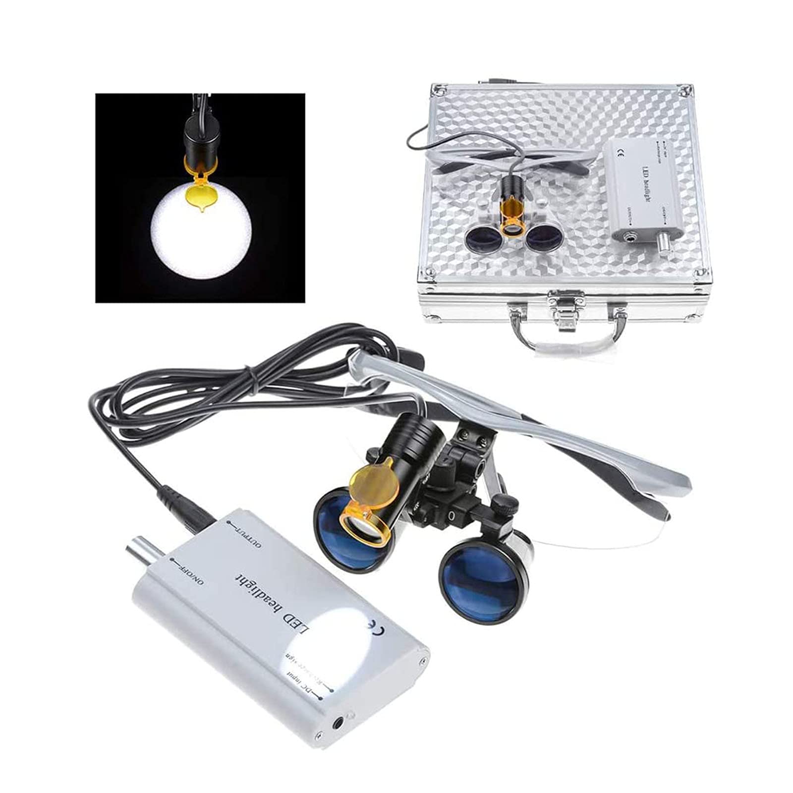 Médico Dental Lupas Quirúrgicas 2.5X 3.5X Vidrio óptico Lupa con LED Luz Cabeza Lámpara Estuche Transporte Silver