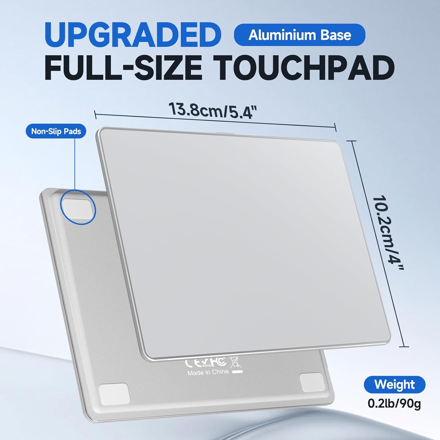 Homiguar Wired Trackpad with dimensions 13.8cm/5.4 inches by 10.2cm/4 inches, showing non-slip pads and an aluminum base. Weight is listed as 0.2lb/90g.
