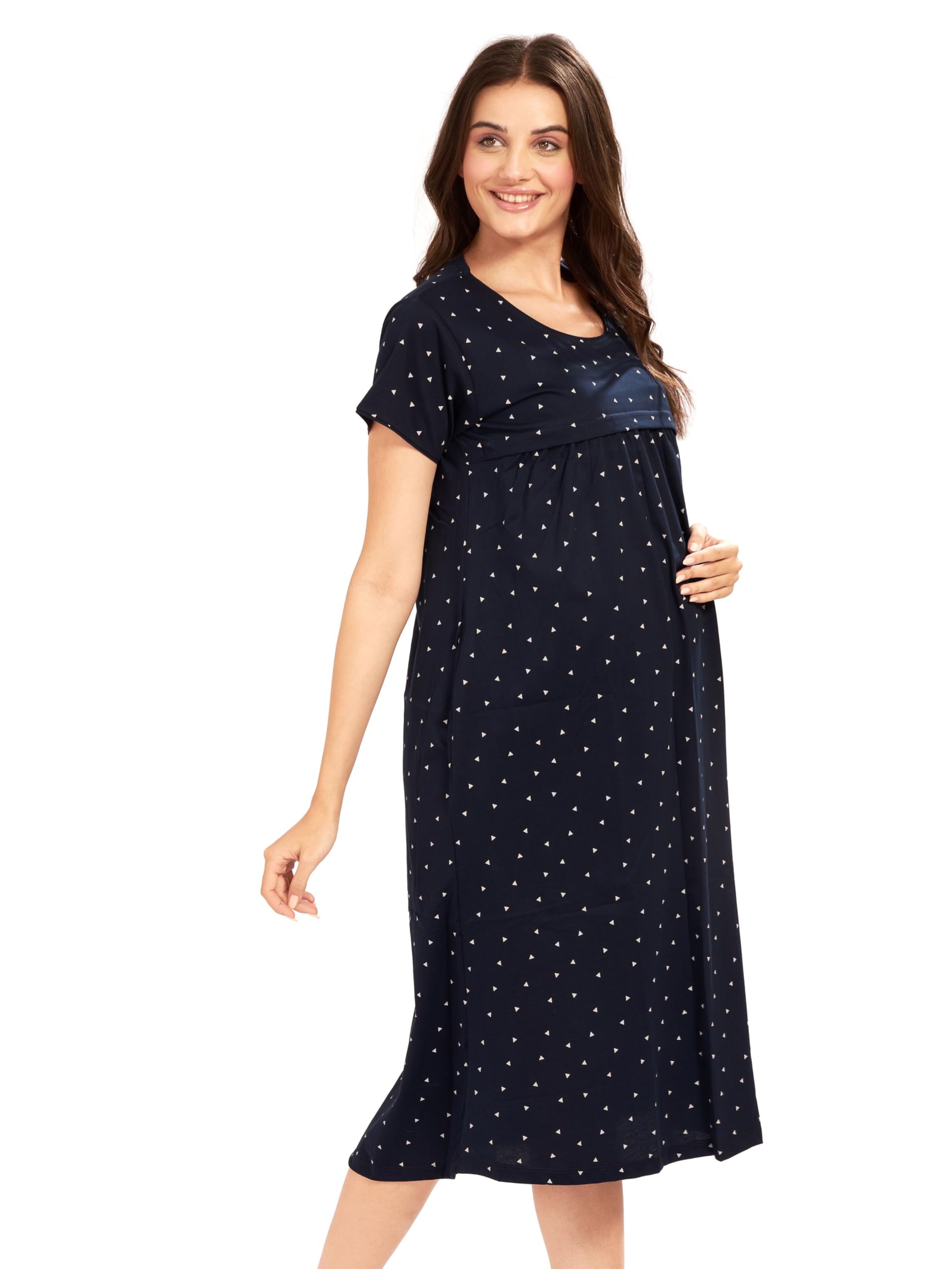 AV2 Cotton Women Triangle Printed Maternity Feeding Calf Length Nighty Navy XXX Large 3094, Blue - Image 3 thumbnail
