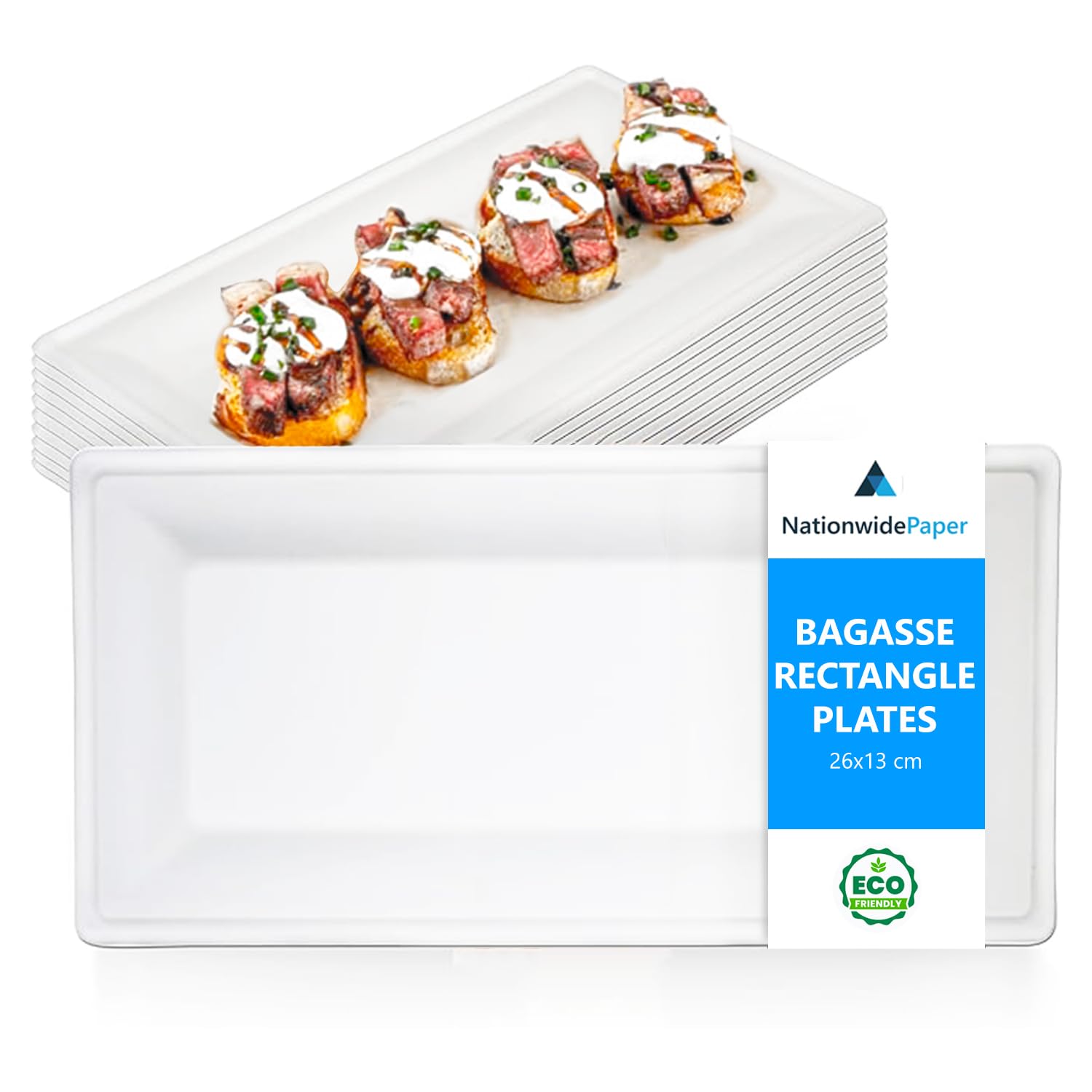 Nationwide Paper 26x13cm Bagasse Rectangular Plates, Serving Trays, Eco-Friendly Heavy Duty Natural White Sugarcane Platters, for Picnic, Party, BBQ, and Starters, Appetiser Dishes, Pack of 100