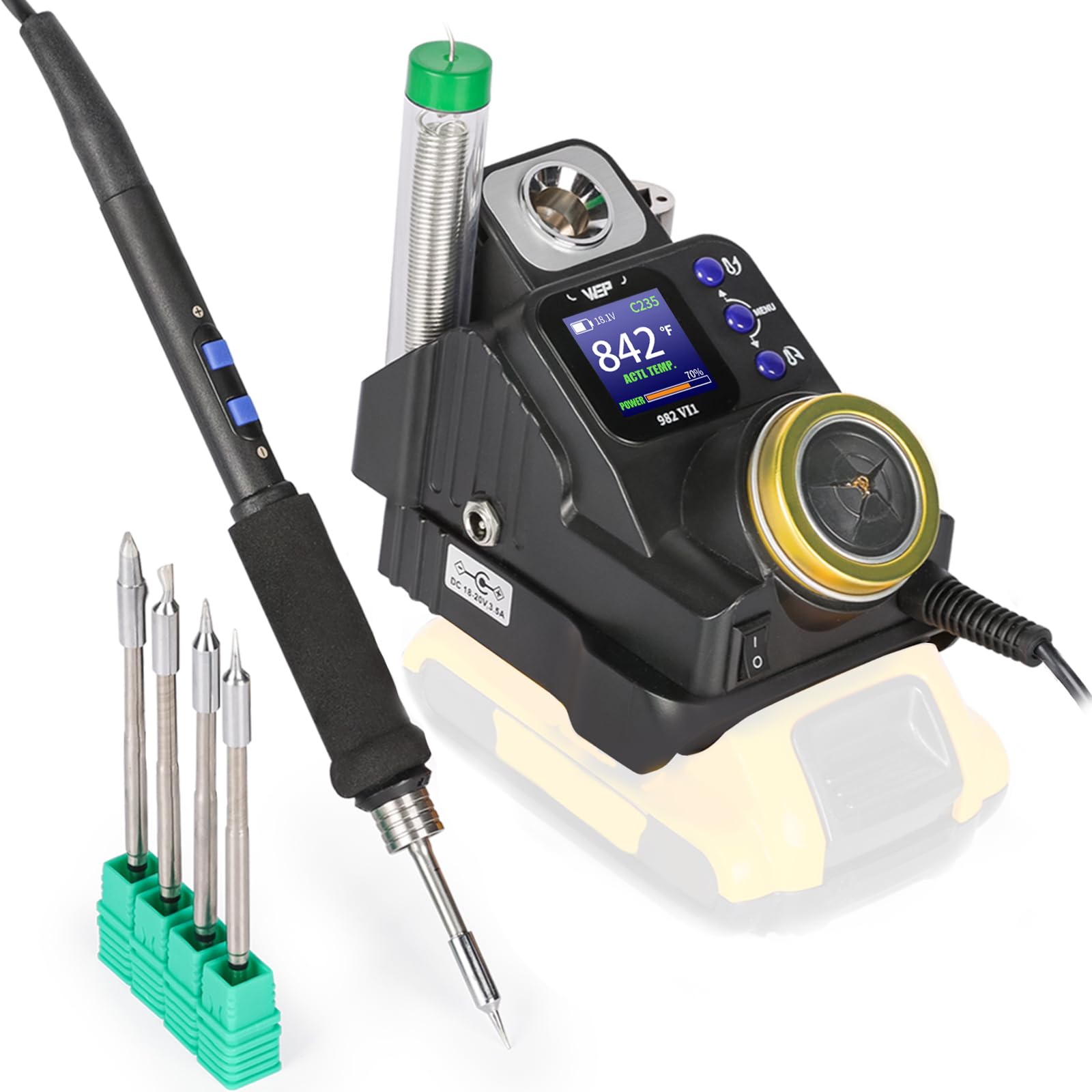 WEP 982-VI 1 Cordless Soldering Station for Dewalt 20V Battery Soldering Iron Kit with Integrated Holder, Tips Cleaner, °C-°F Conversion, Sleep Mode,