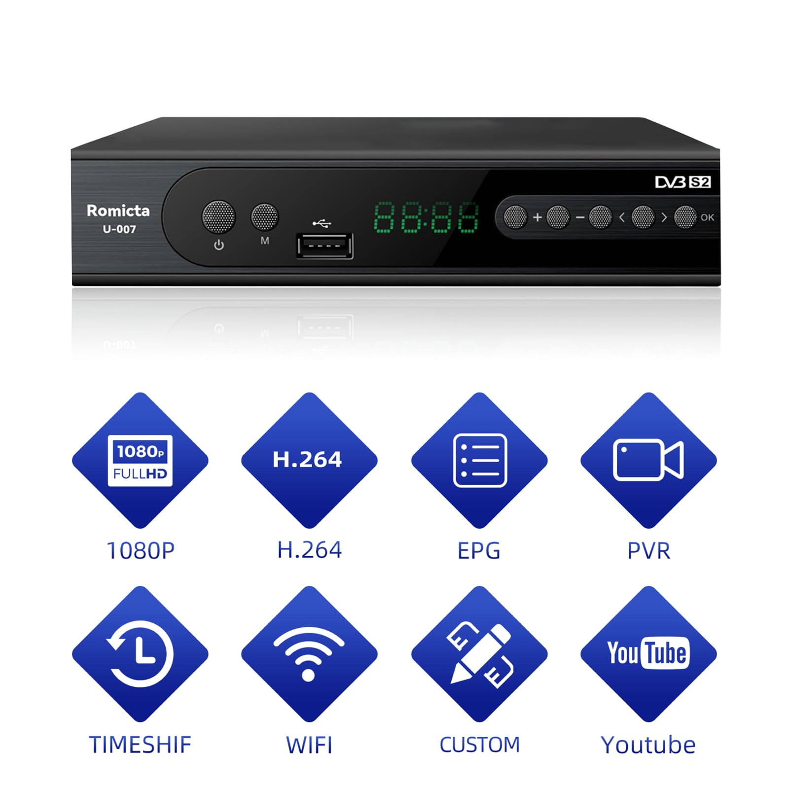 Romicta Ricevitore HD per satelliti, ricevitore satellitare con HDMI, DVB-S/S2, PVR, EPG, SCART, lettore multimediale USB, HDTV, YouTube, Meteo, Nero - HDTV satellitare