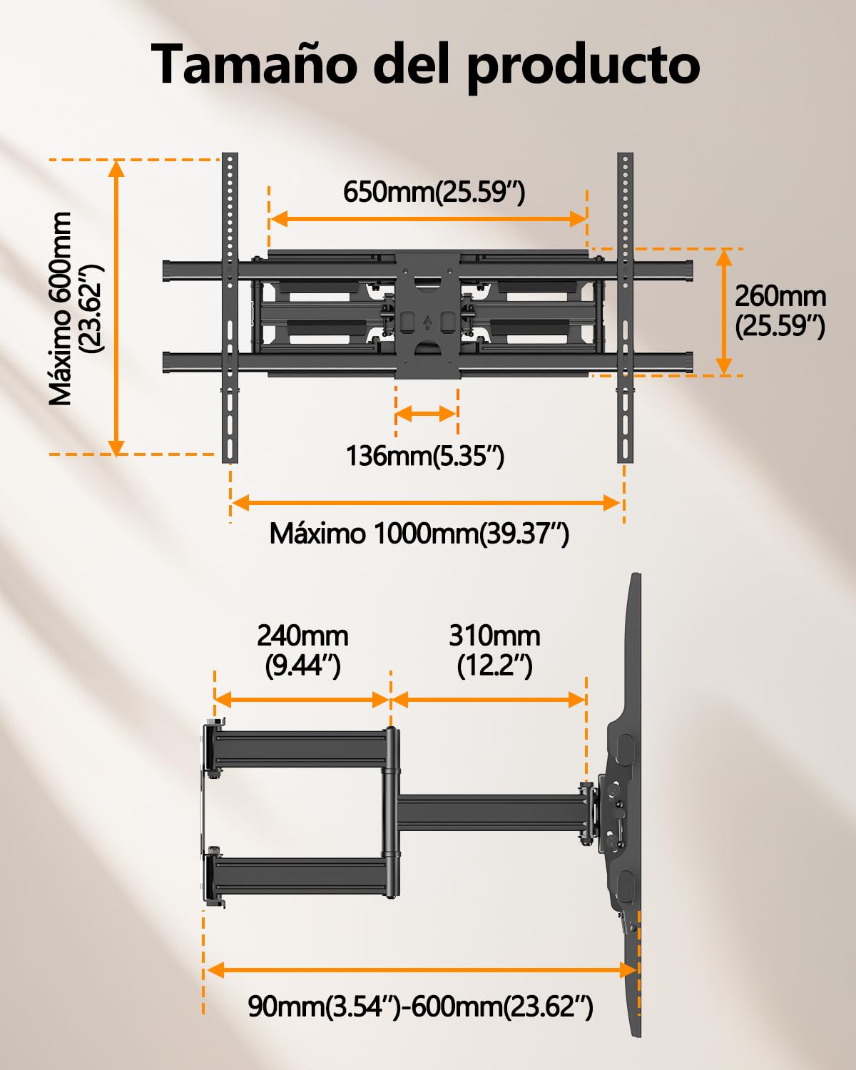 Soporte TV Pared para Pantallas Planos y Curvos de 60-120 Pulgadas, Soporte Pared TV Movimiento Completo Inclinable y Giratorio con Brazos Dobles, Máximo VESA 1000x600 mm hasta 125 kg