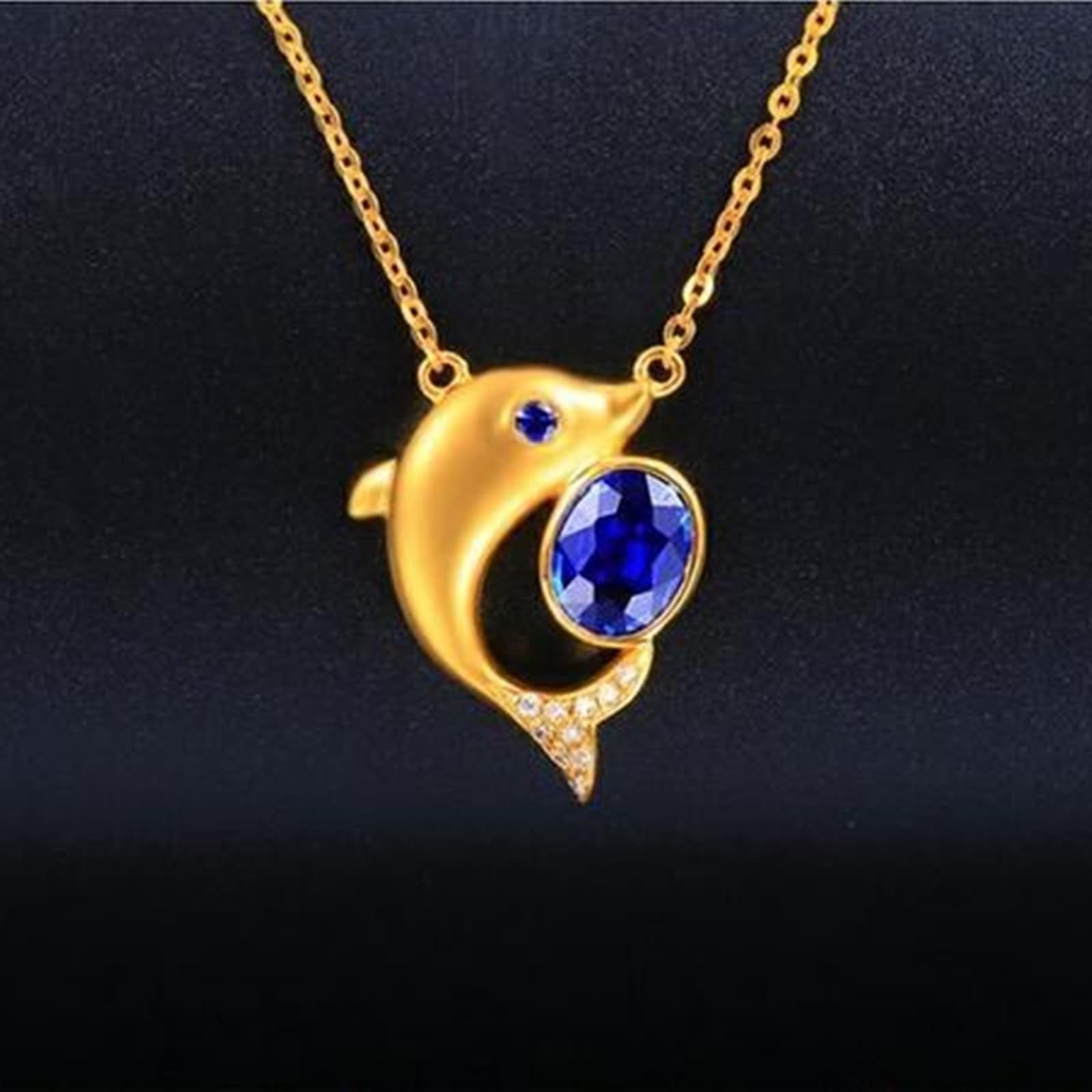 Prawdziwa biżuteria zawieszka do łańcuszka żółte złoto 750 18 K, 0,73 ct laboratorium stworzony łańcuszek szafirowy niebieski, delfin statement łańcuszek etnic żółte złoto Au750 z moissanit