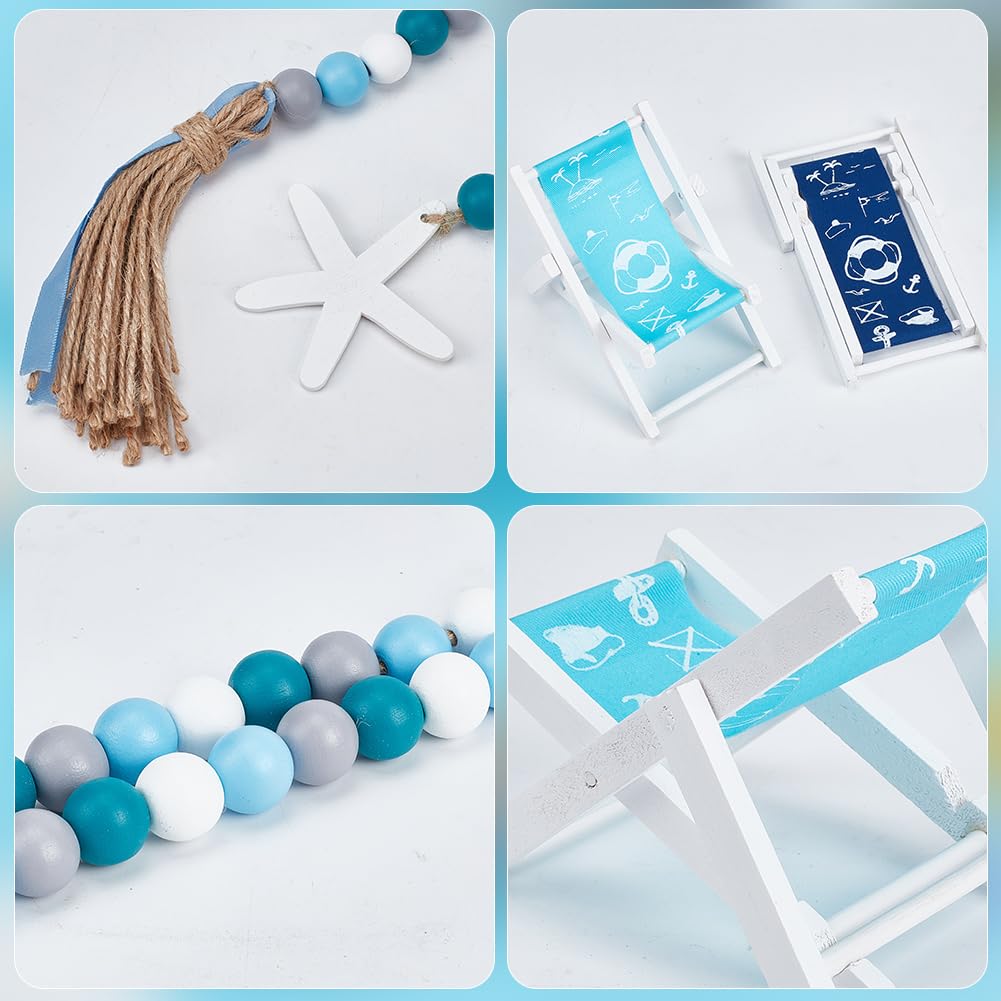 CRAFTYMELODY 4Pcs 4 Styles Beach Chair Decor Miniature Furniture Accessories Foldable Wooden Beach Chair with 1Pcs Beads Pendant Mini Longue Deck Chairs Ornament Ocean Theme Decor - Image 3