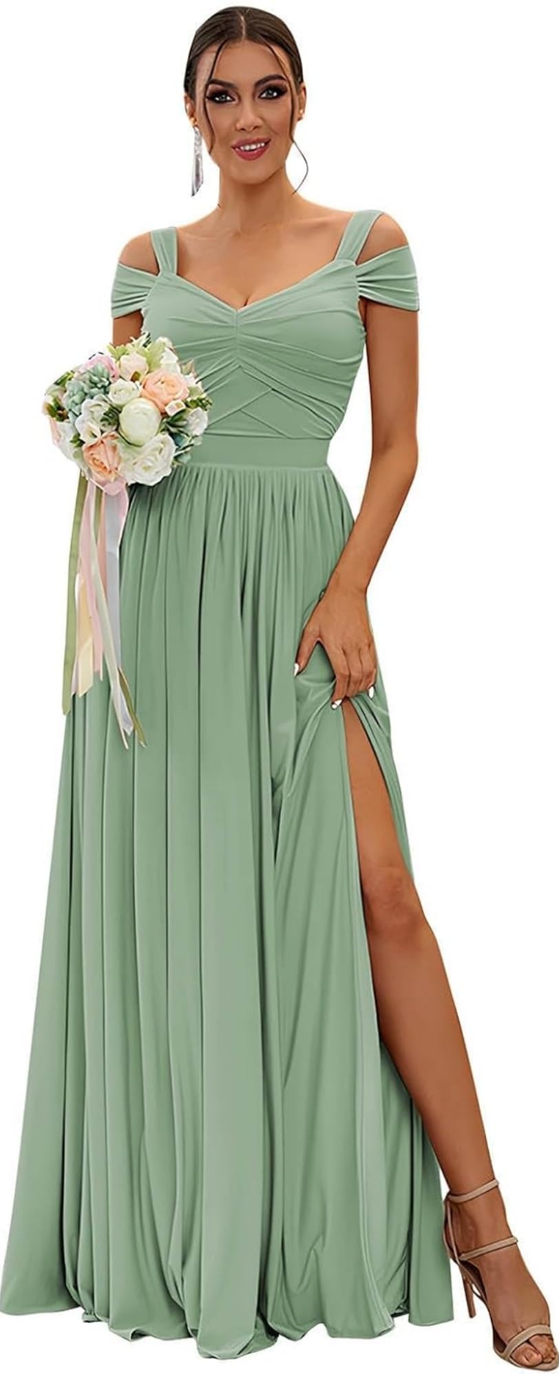 Damen Chiffon Brautjungfernkleider Lang,Schulterfrei Elegante Abendkleider Lang A-Linie Kleider für Hochzeitsgäste