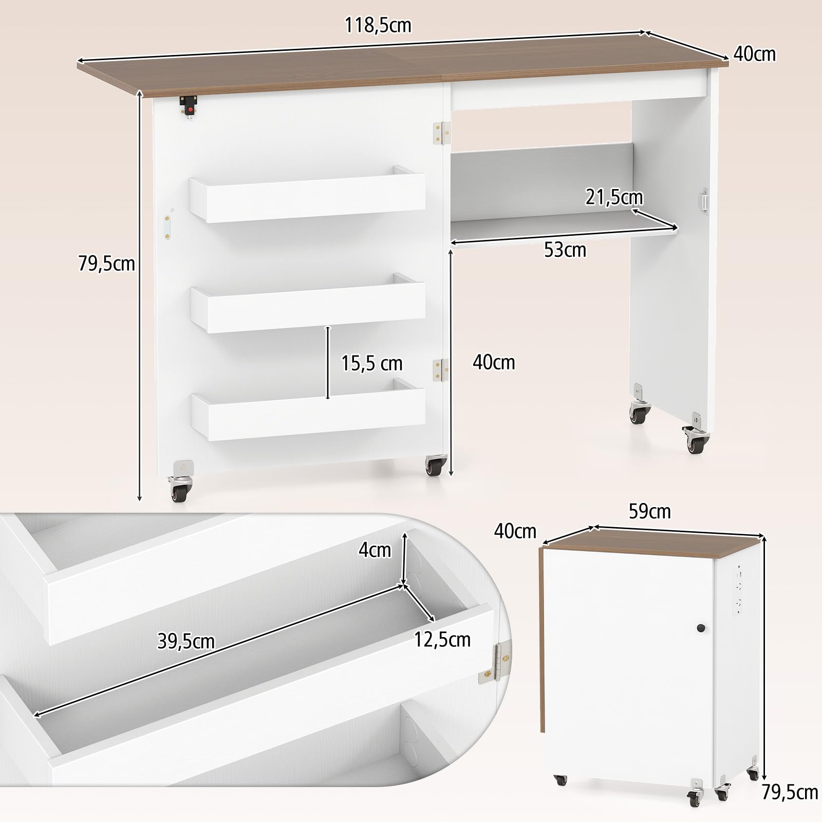 KOMFOTTEU Mesa de Costura Plegable, Mesa para Máquina de Coser con Ruedas y Compartimento de Almacenamiento, Armario para Máquina de Coser con 3 Contenedores Ocultos (Blanco y Natural)