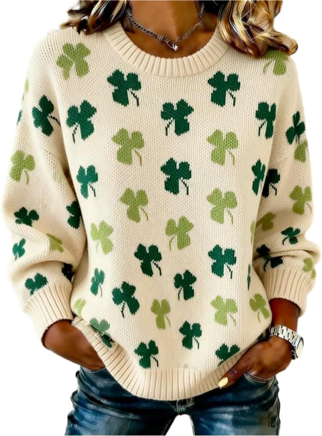 St Patricks Day Sweater Women 2026 Irish Shamrock Long Sleeve Knitted St Patty's Lucky Pullover Jumper Tops