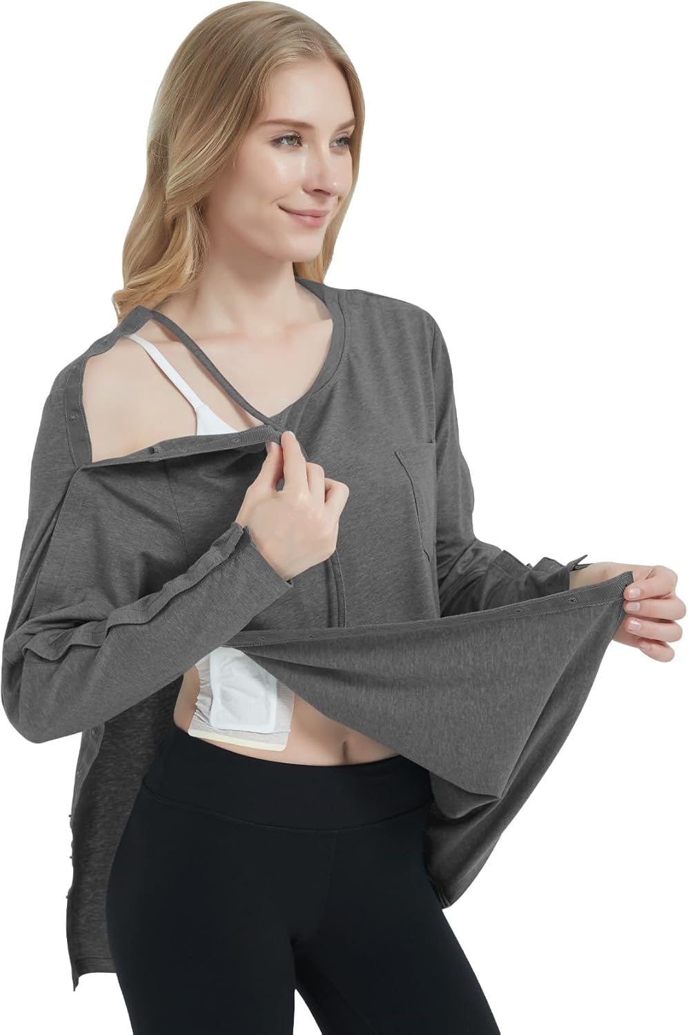 Women's Post-Surgery Shirts Long Sleeve Adaptive Tops with Snap Closure for Shoulder Recovery & Comfort
