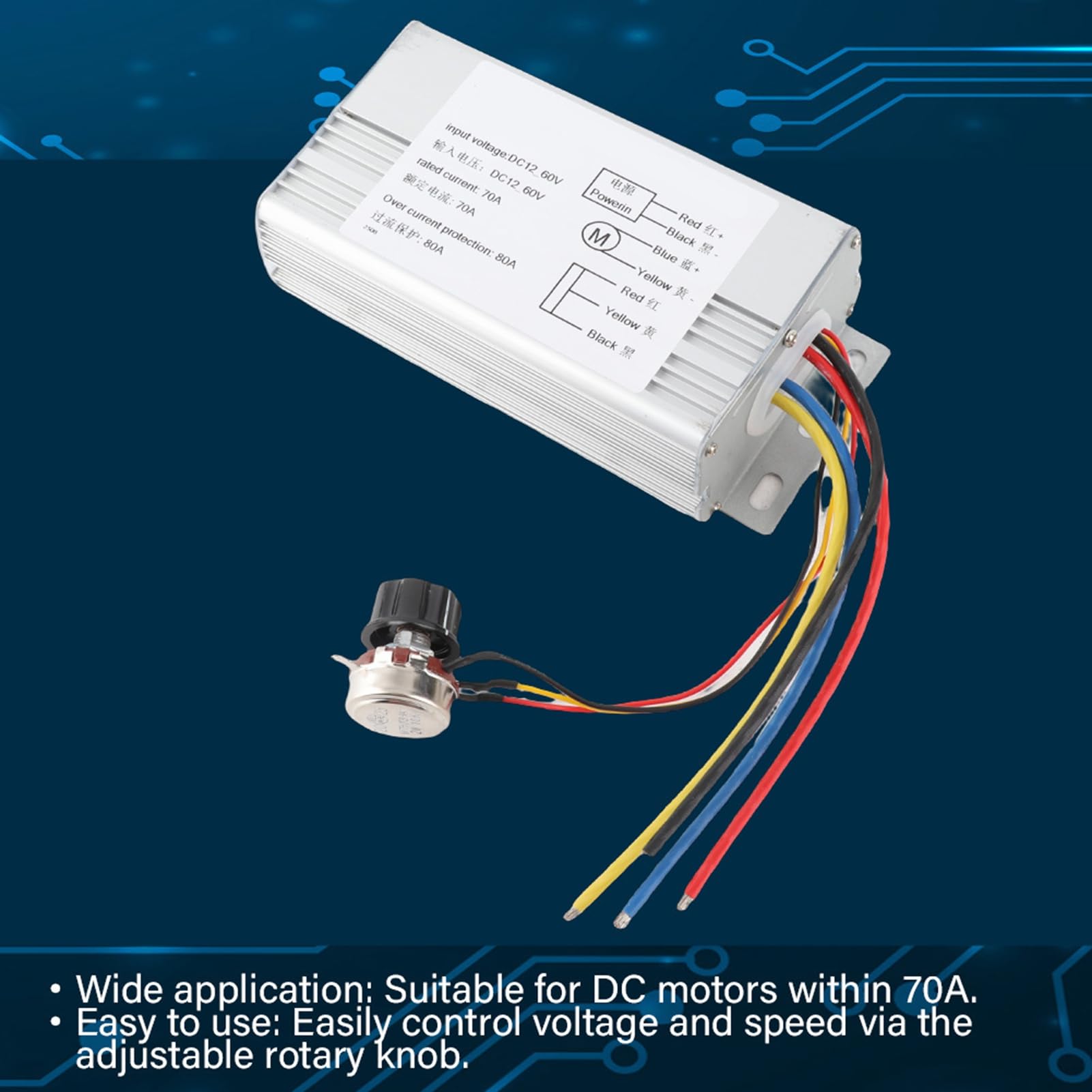 DC 12 V–60 V 70 A PWM-Motor-Drehzahlregler, einstellbarer Antriebssteuerungsregler, sanfte 0–100 % Drehzahlanpassung mit Drehknopf für Gleichstrommotoren bis zu 4000 W